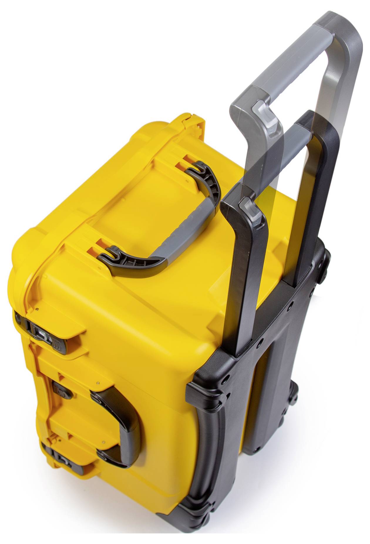 A yellow, robust wheeled suitcase with an extendable handle and black clasps, shown from a bird's-eye view.