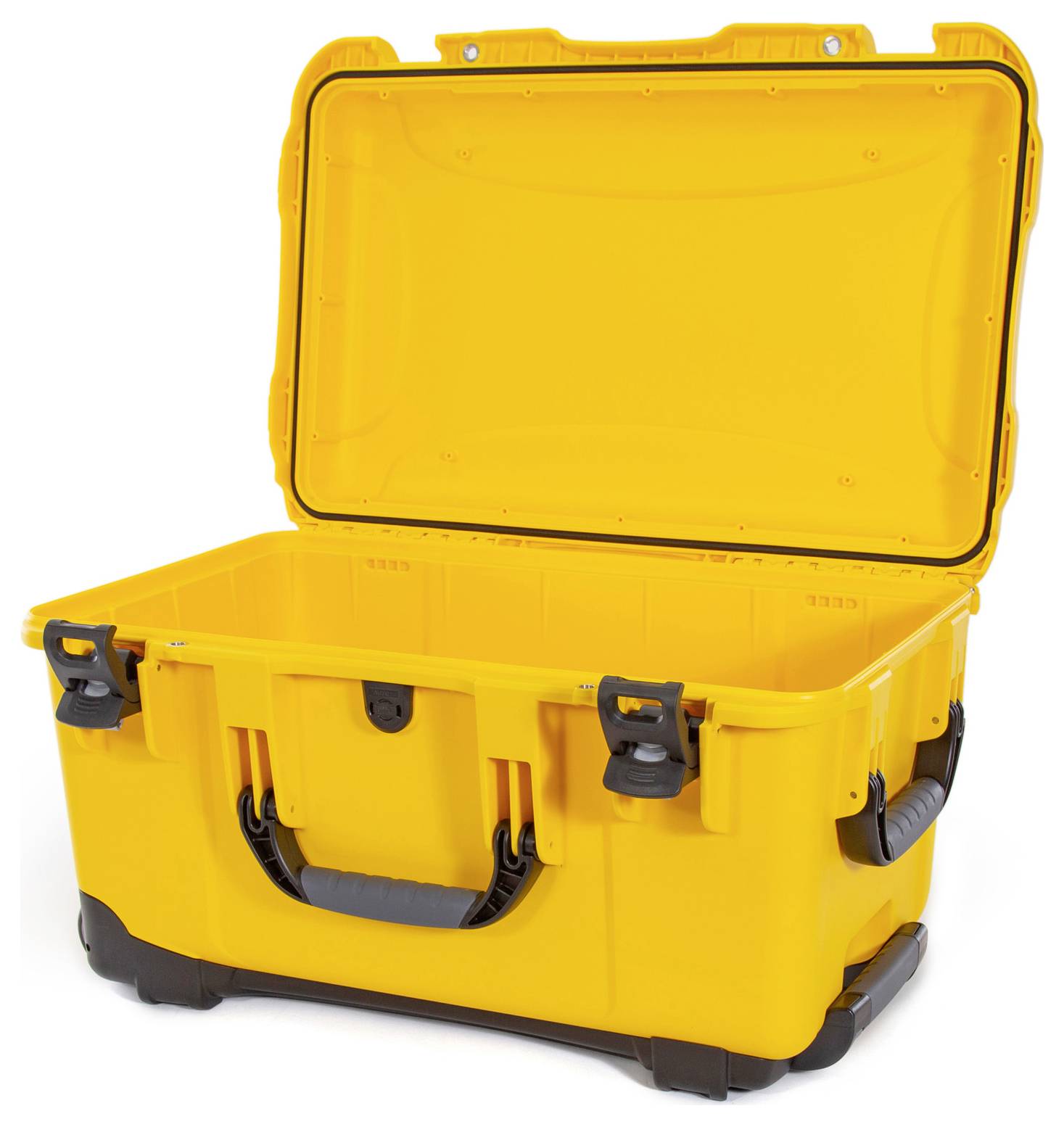 Yellow, empty protective case with open lid. The case has two side locks and a front handle. Suitable for transport and storage of delicate items.