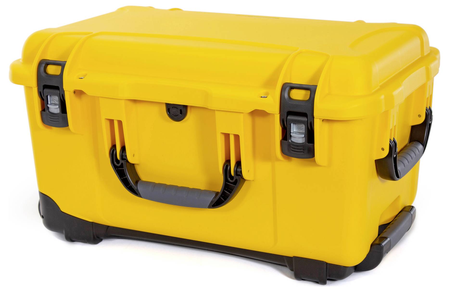 Yellow, robust plastic case with black handles and locks, suitable for the safe transportation of delicate items.
