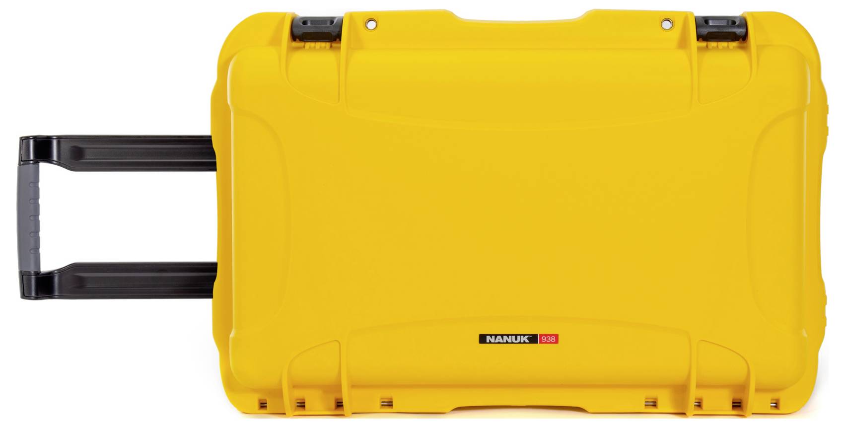 Yellow hard-shell suitcase with extendable handle and security locks, positioned upright; robust for transportation purposes.