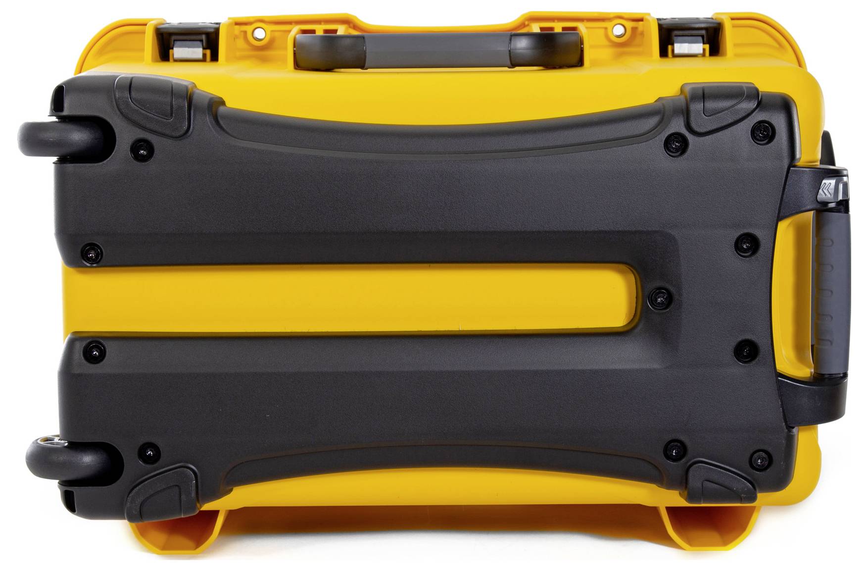 Yellow hard-shell suitcase with black wheels and handles, viewed from below, on a white background.