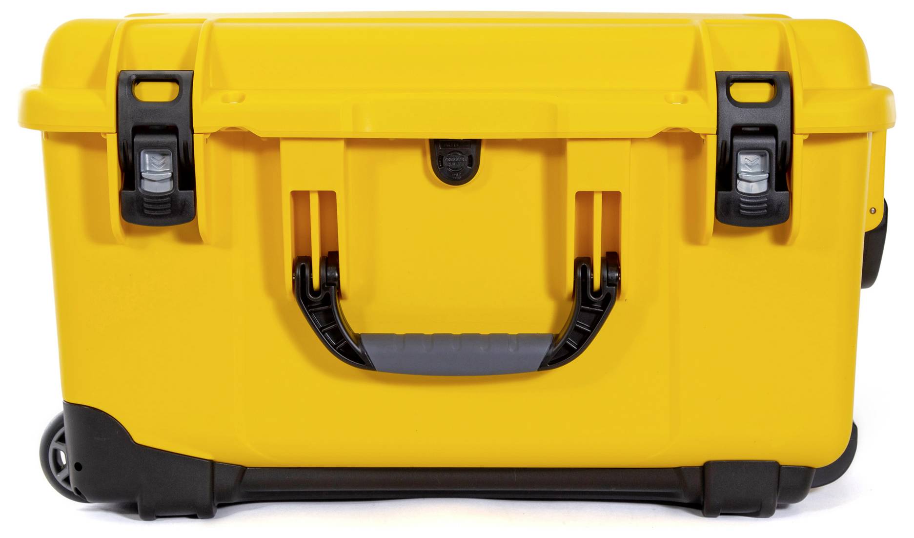 Yellow, lockable tool case with two locks and carry handle, suitable for transporting and storing tools.
