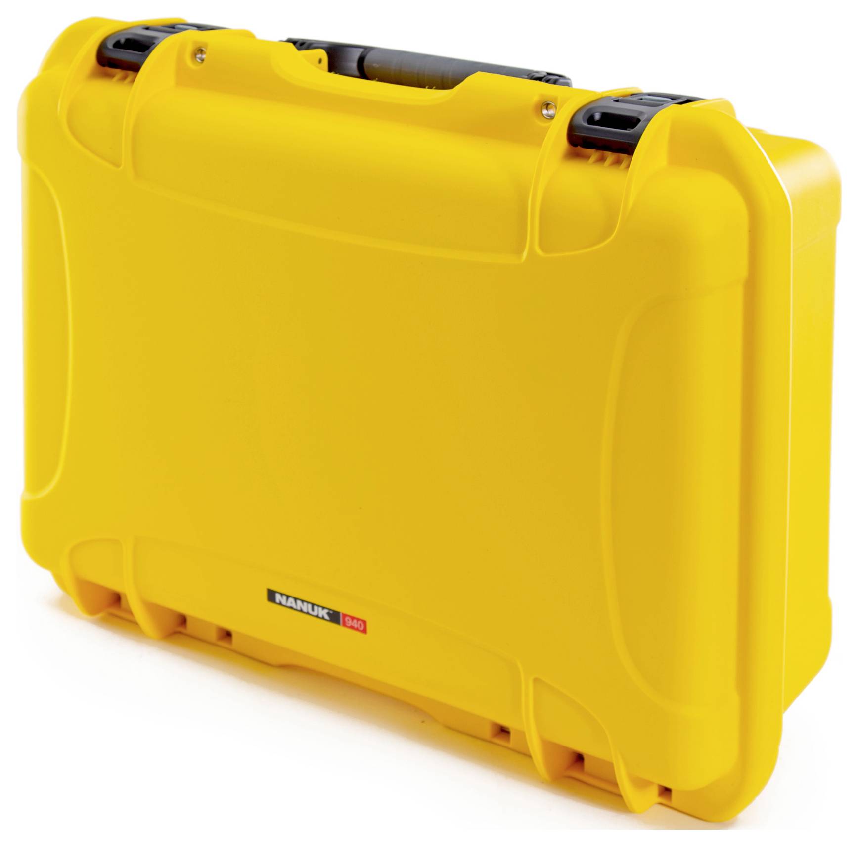 Yellow, robust hard-shell suitcase with black clasps, carry handle on top. Suitable for the secure transportation of delicate items.