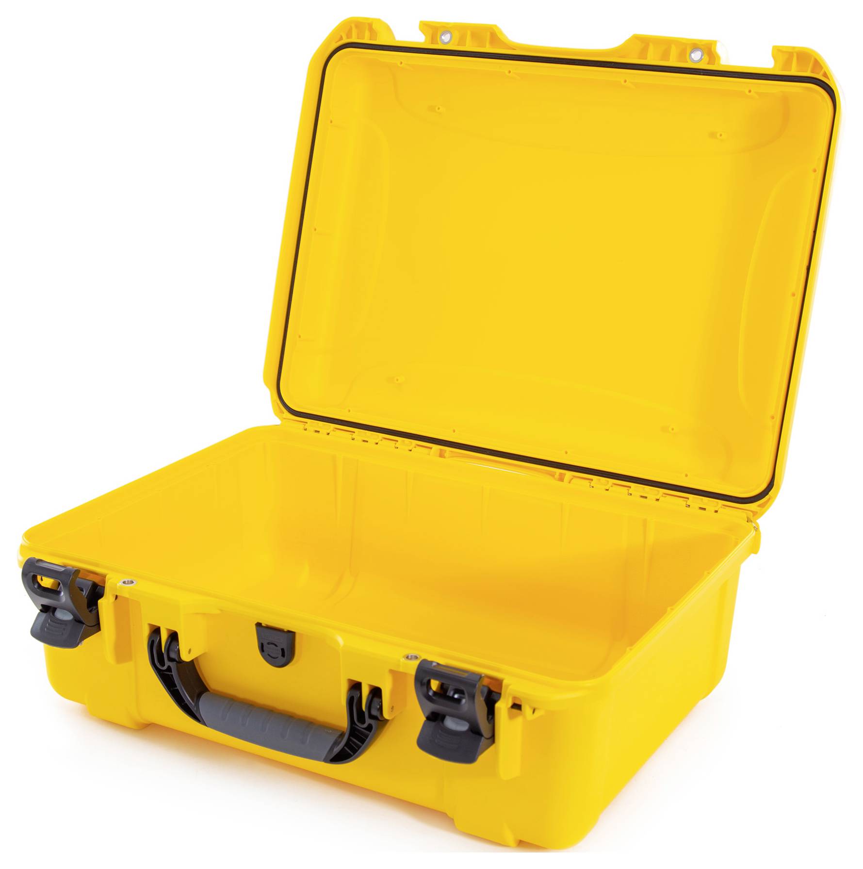 Yellow, open suitcase with sturdy handle, ready for storing or transporting items.