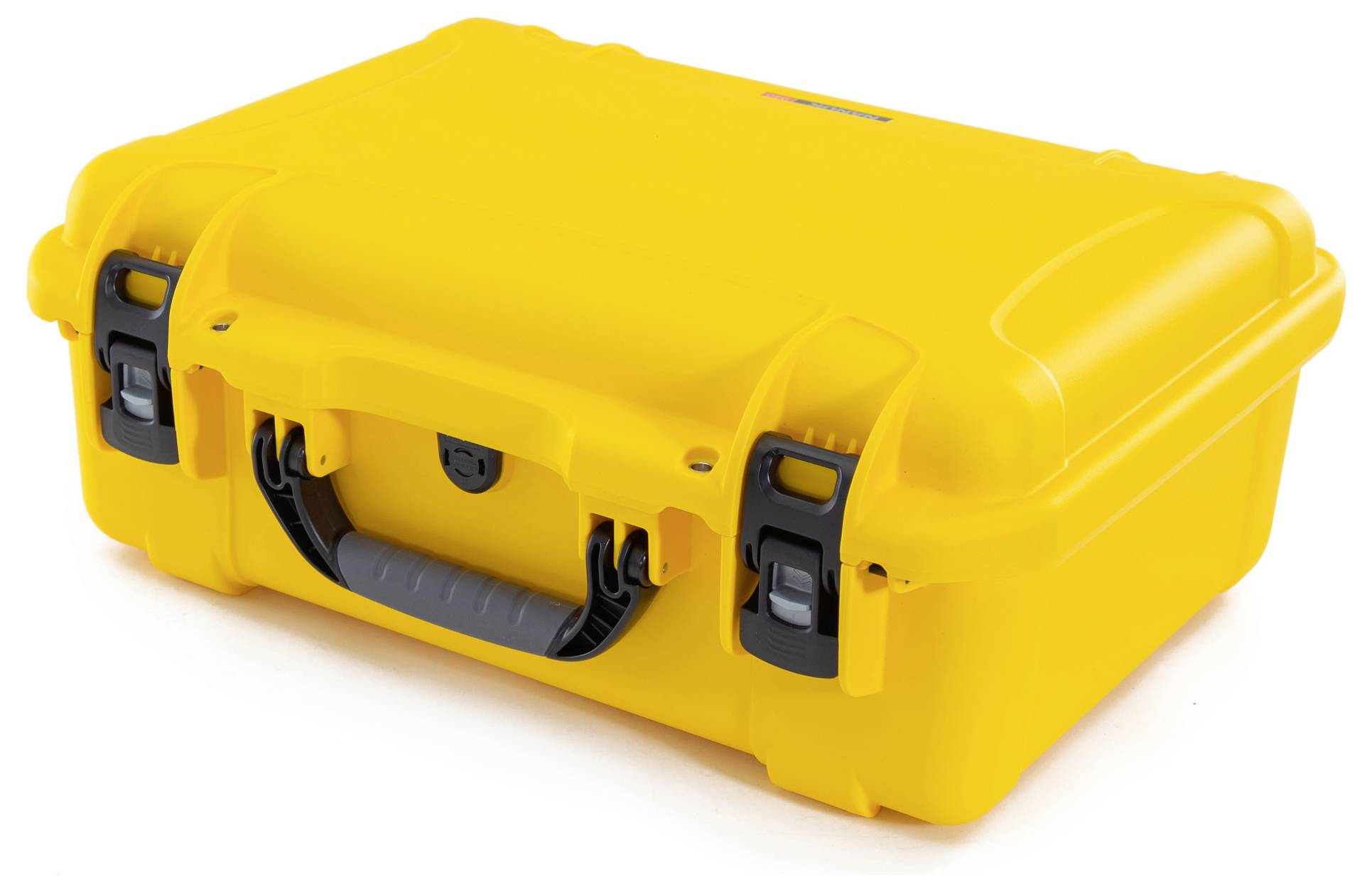 Yellow protective case with robust handle and two locks, suitable for the secure transportation of sensitive equipment or materials.