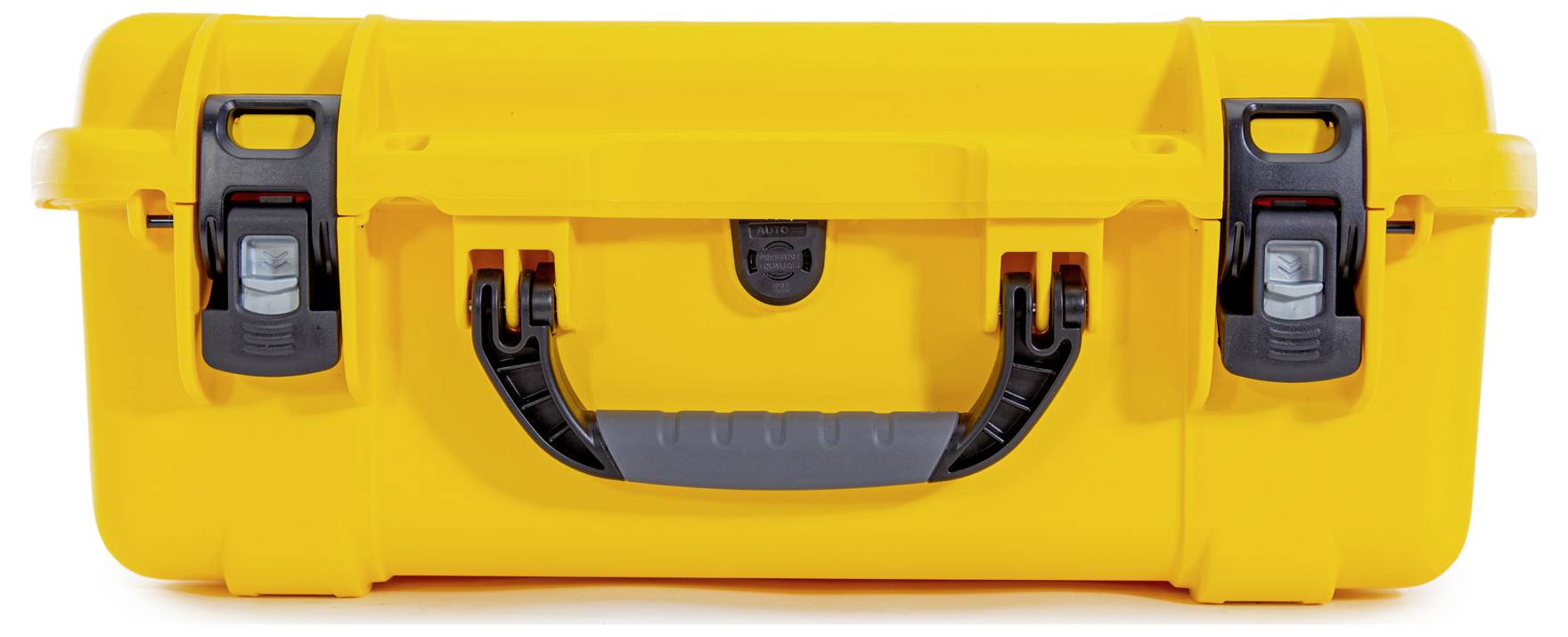 Yellow tool case with two black latches and a black handle, closed and ready for use.