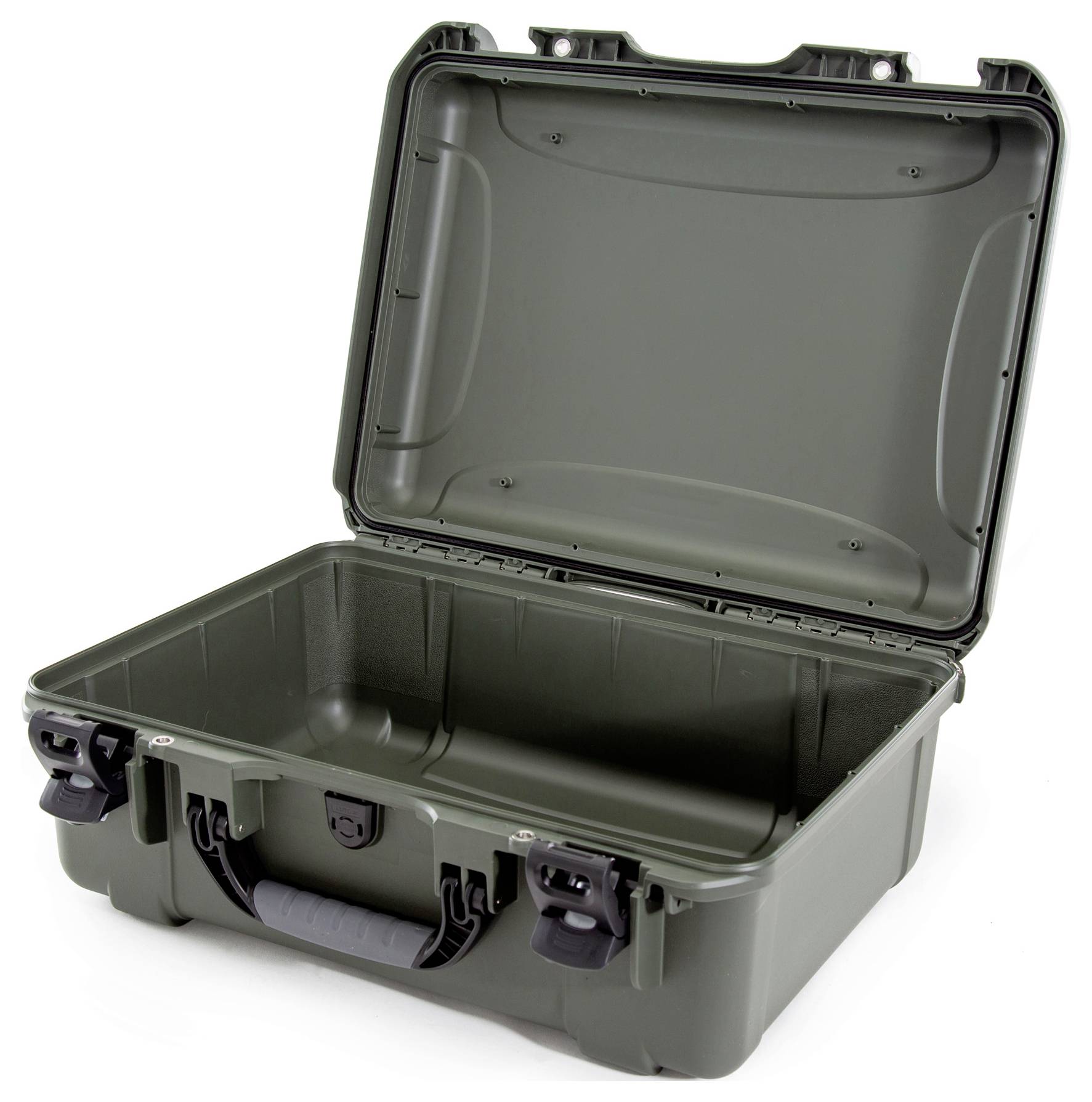 An empty, open, olive green, robust plastic case with a handle and two latches, suitable for securely transporting equipment.
