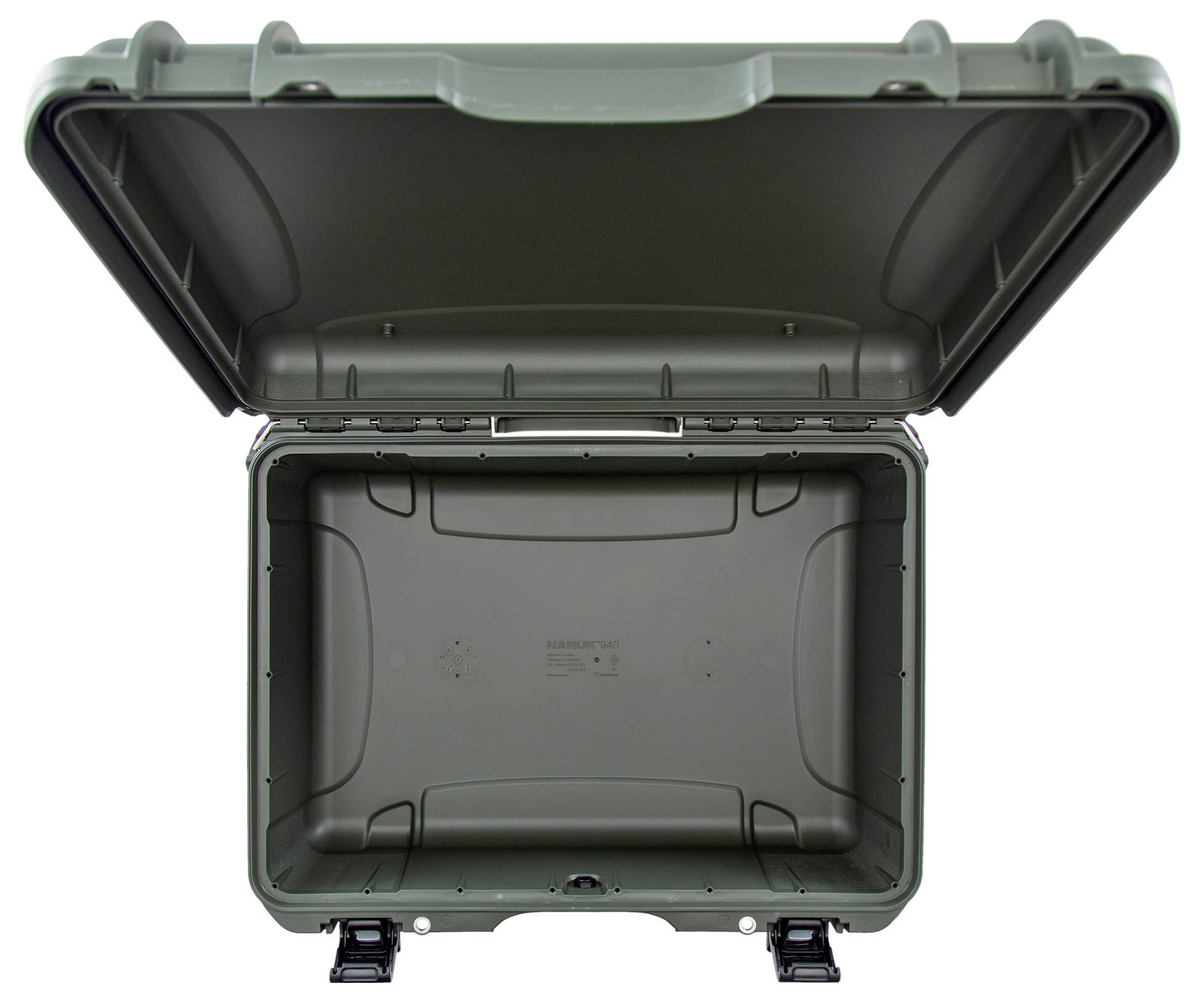 An open, empty protective case made of robust material with two locks on the bottom, suitable for the secure transportation of equipment.