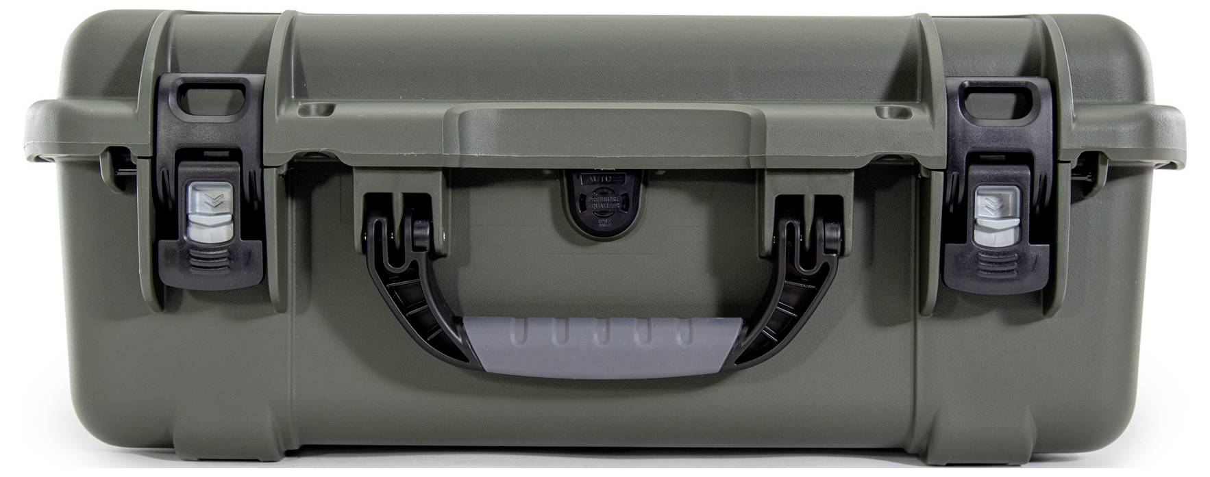 A green, robust protective case with two black clasps at the front; suitable for storage and secure transportation of equipment.