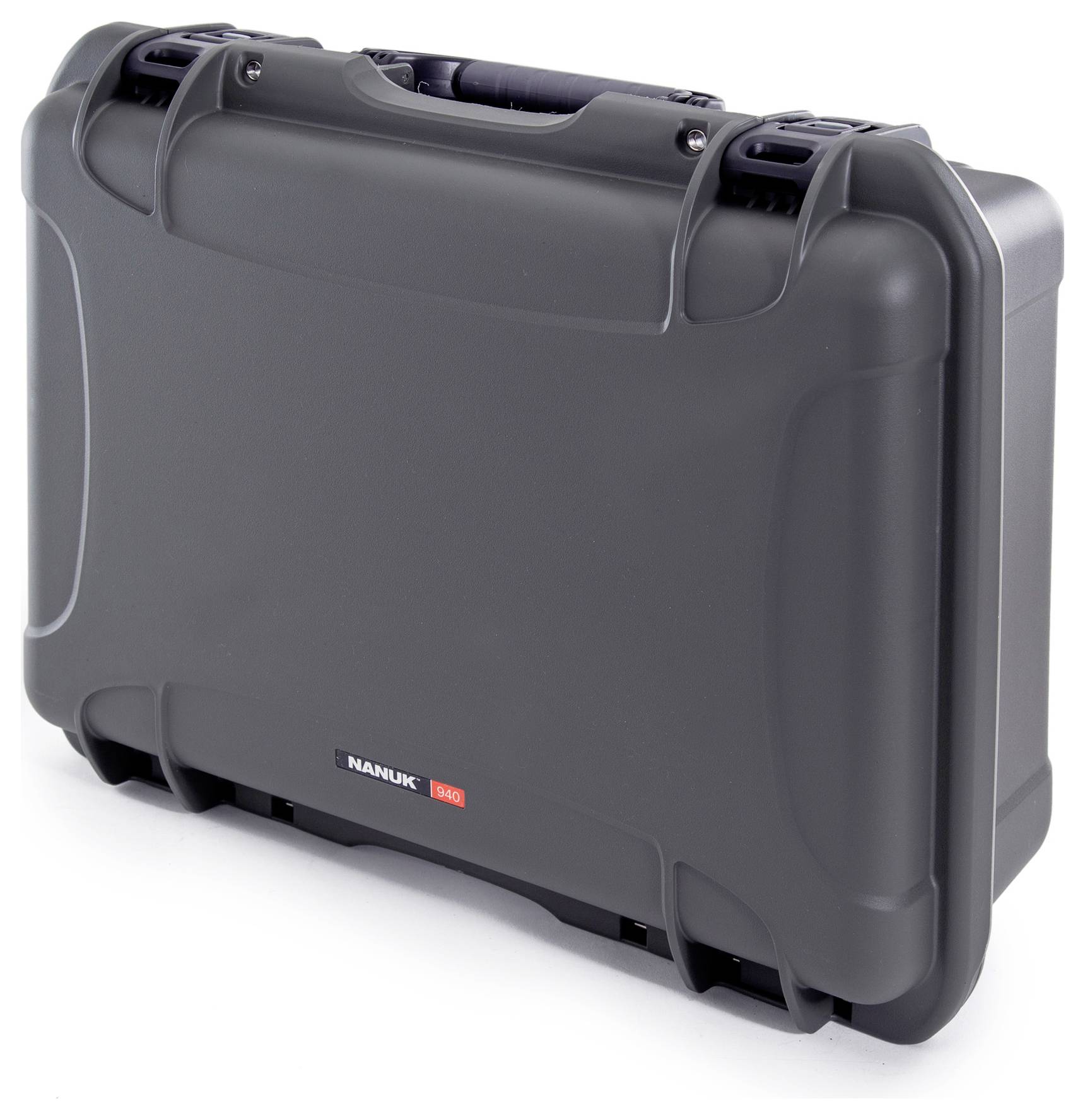 Black hard-shell suitcase with robust locks and handle, suitable for secure transportation of delicate equipment.