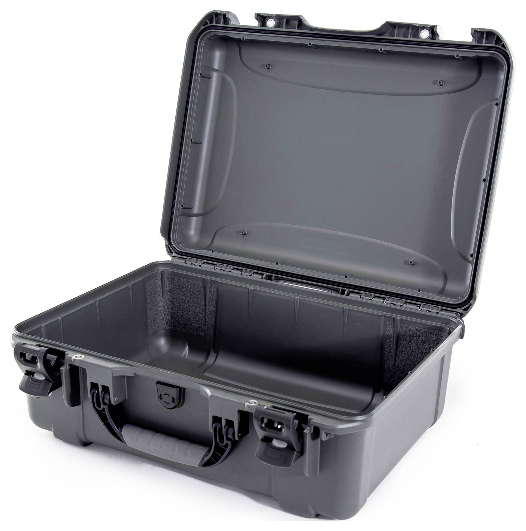 Robust, open black plastic case with foam insert. Ideal for safely transporting delicate equipment.