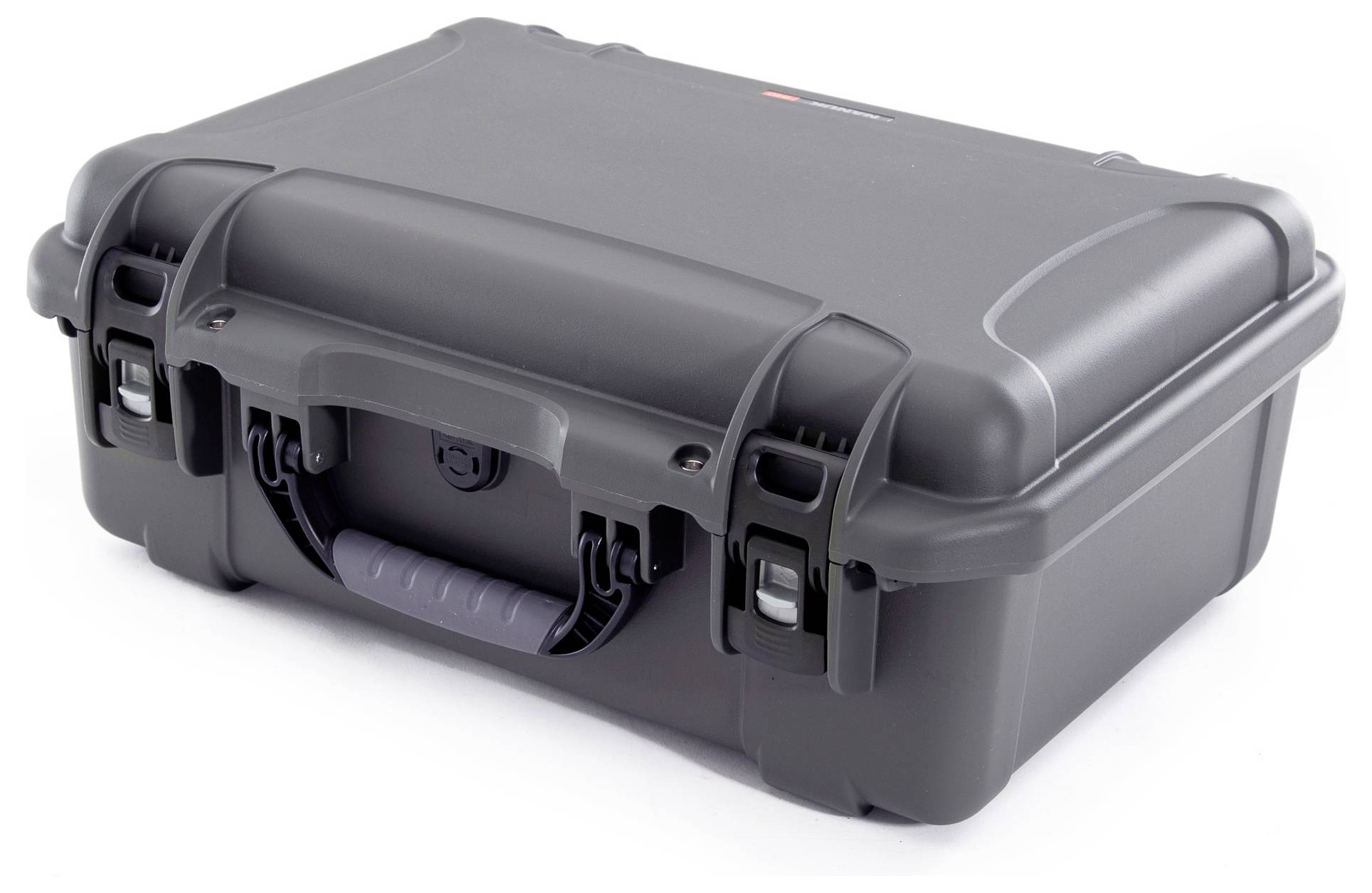 Black, sturdy suitcase with handle and buckles.