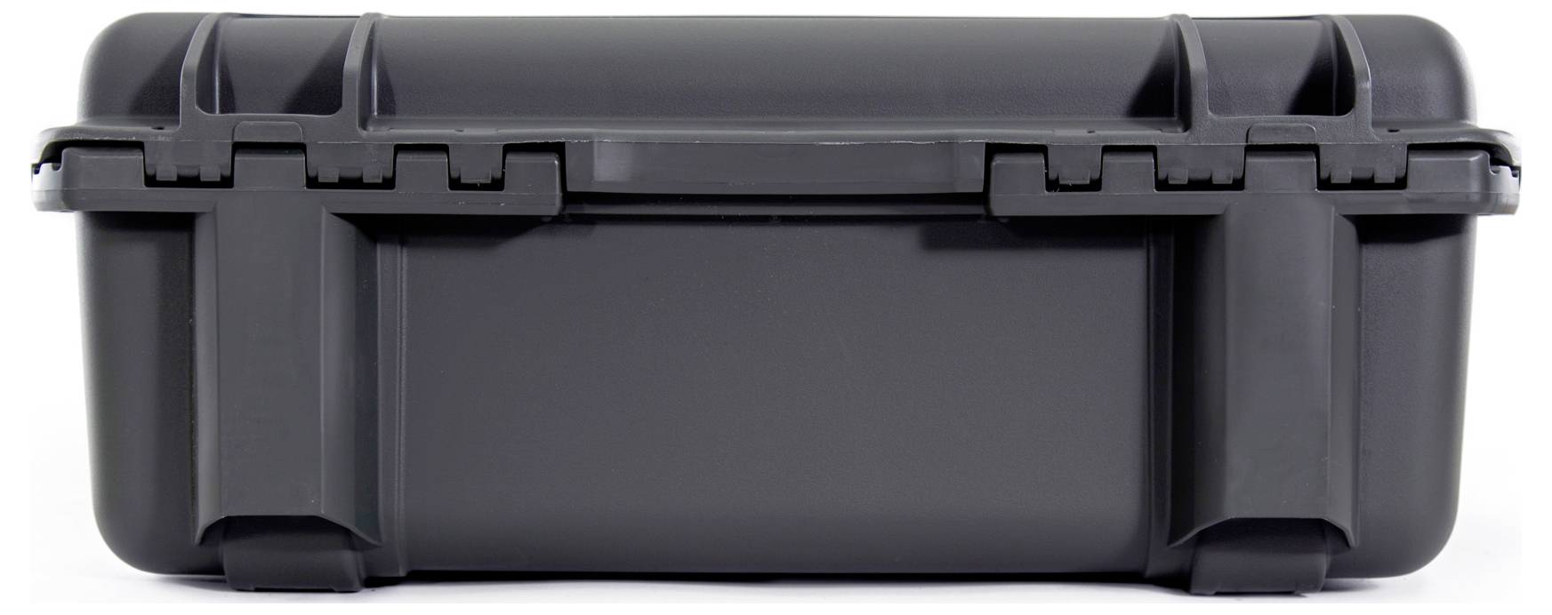 Black, robust suitcase with carry handle and reinforced corners, suitable for safely transporting delicate items.
