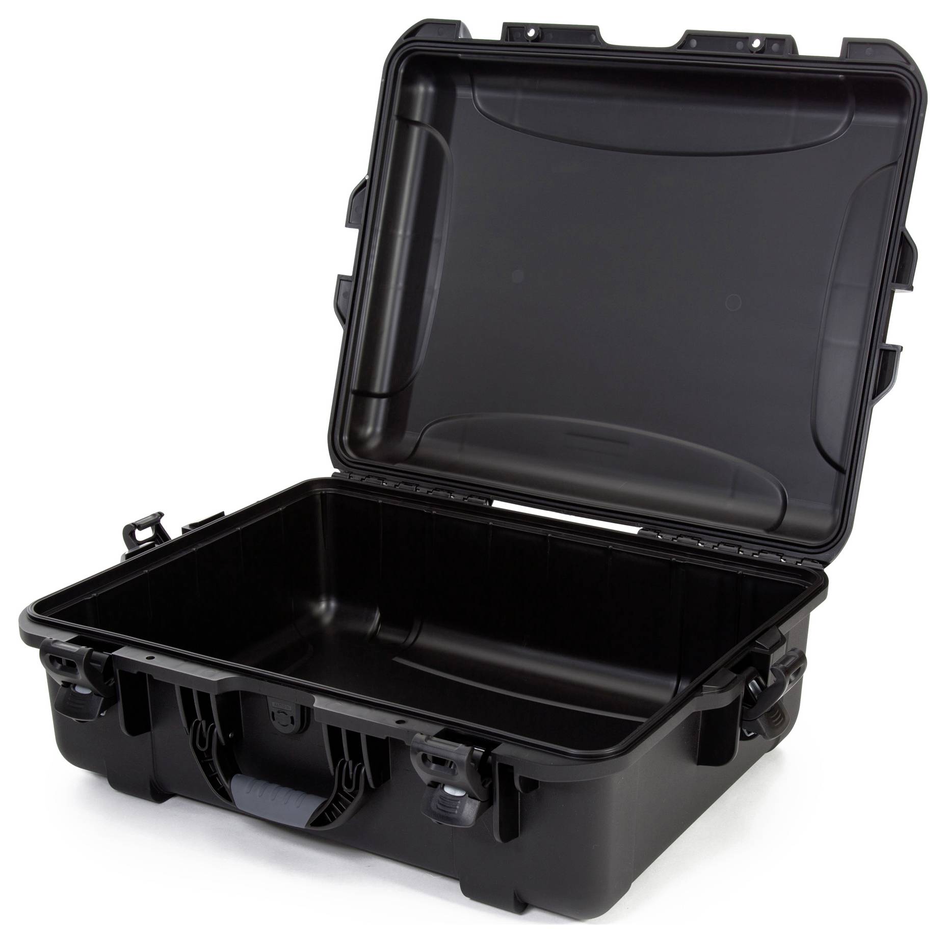 Black, open transport case with robust housing and handle for securely storing equipment.