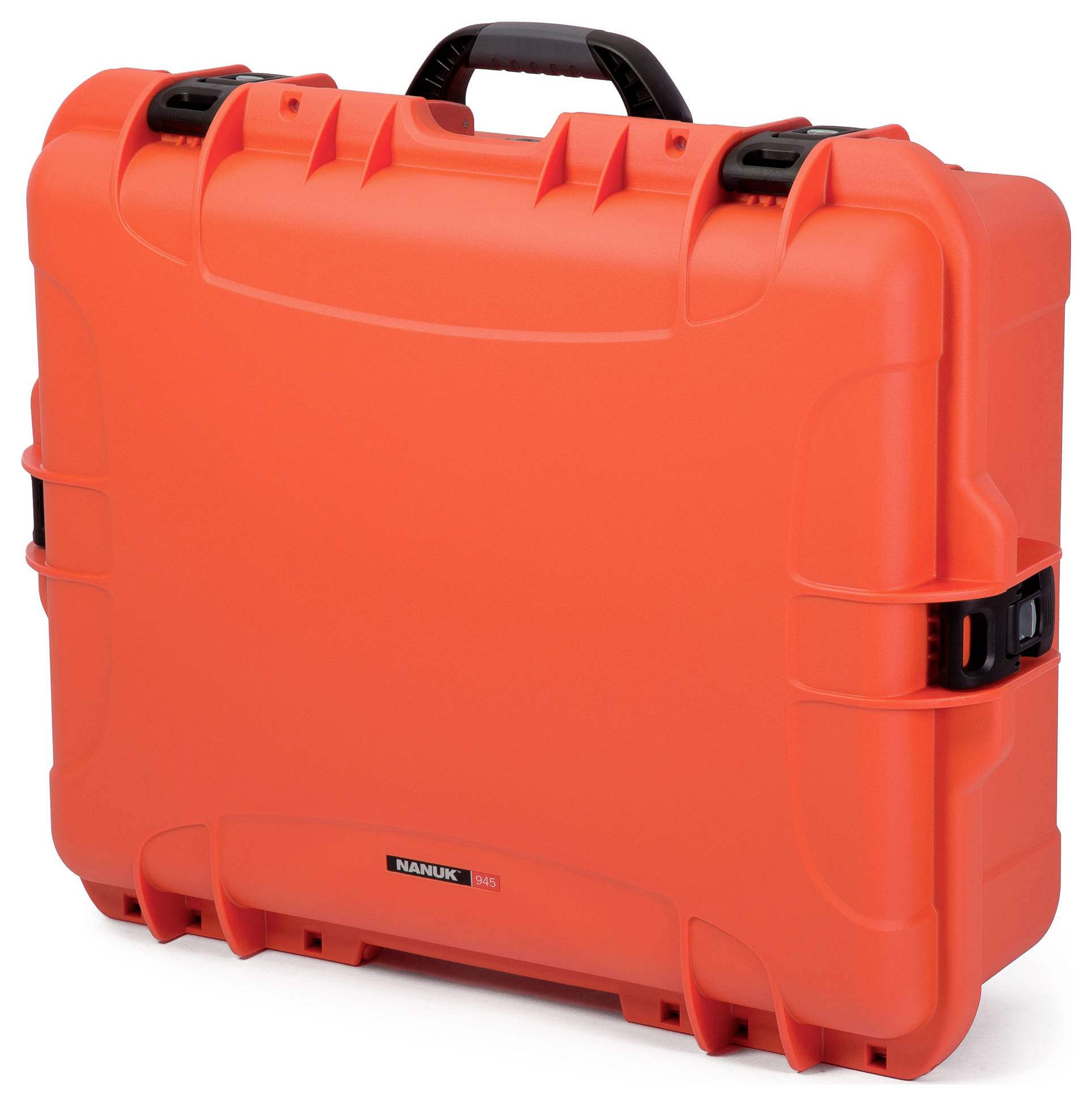 A large, robust, orange suitcase with a black handle, suitable for the secure transportation of delicate equipment.