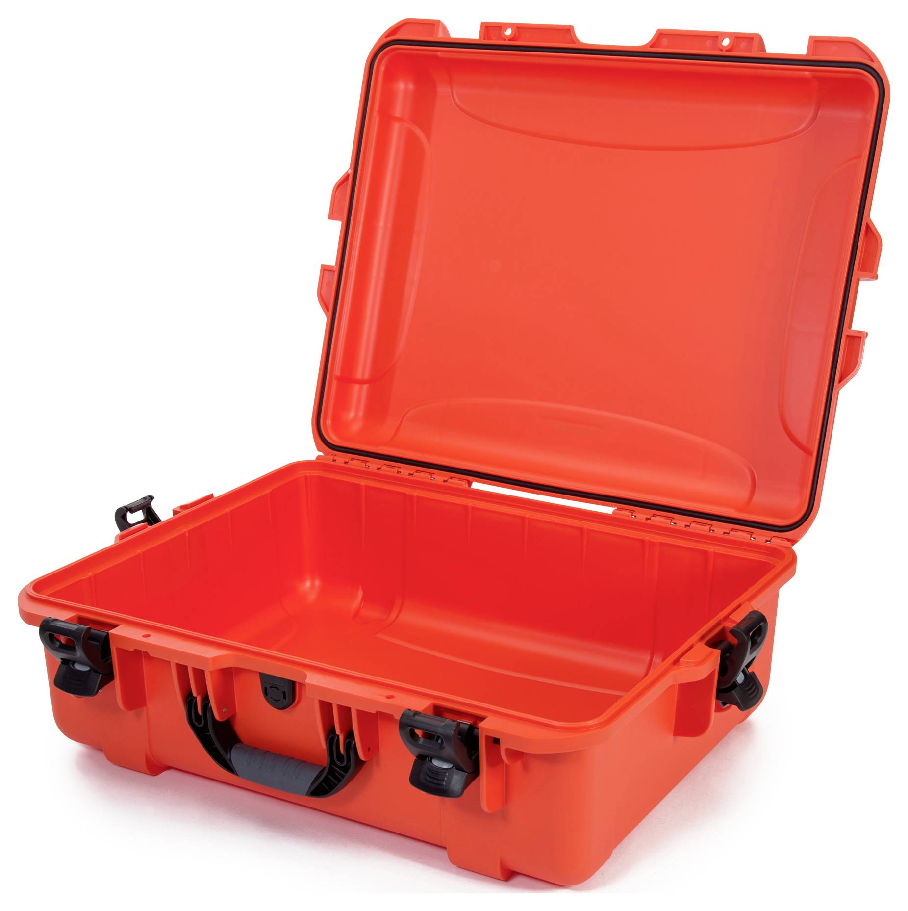 Orange protective case with open lid; robust plastic, with handle and latches. Suitable for safely transporting equipment.