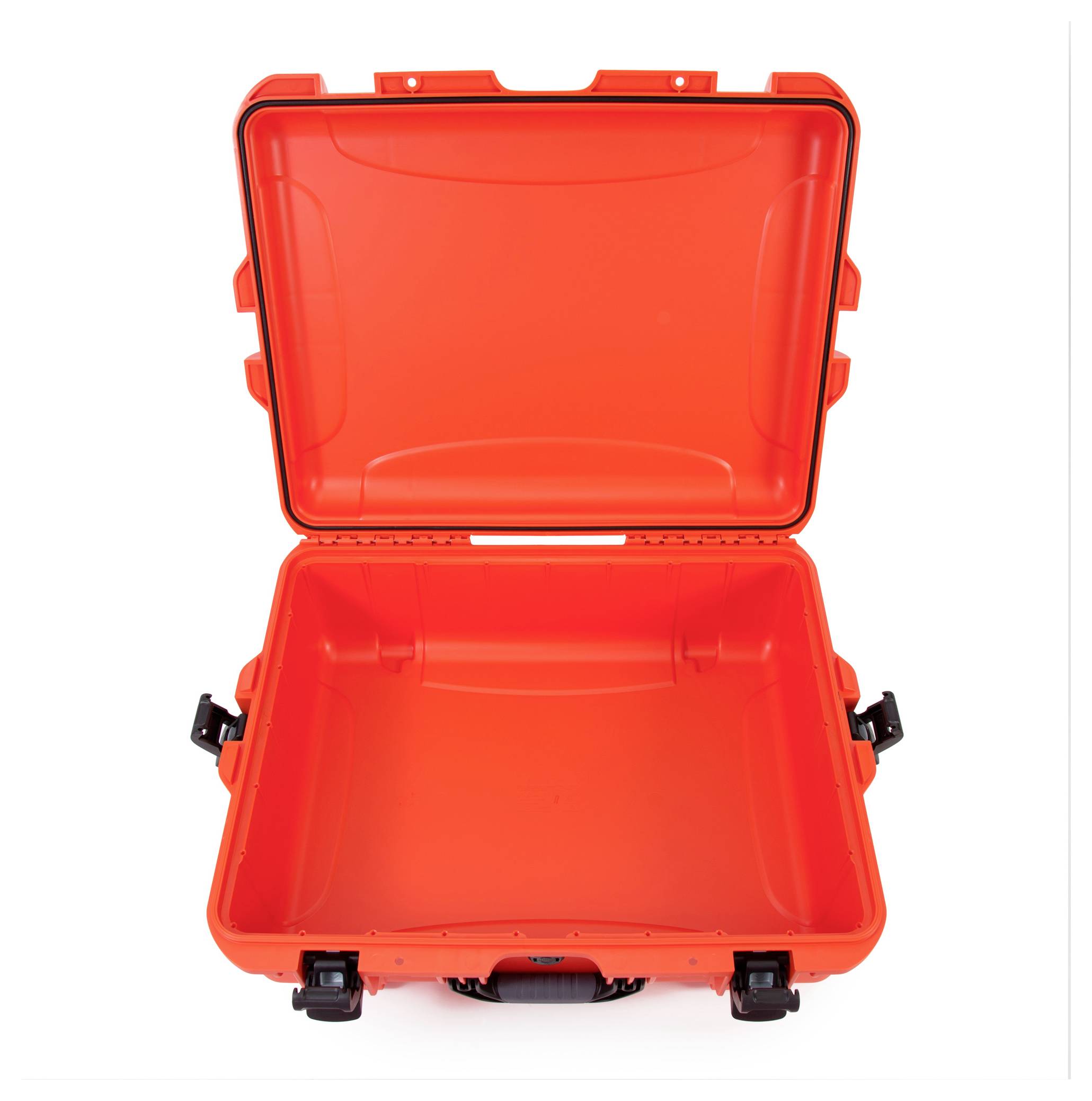 An open, empty, bright orange hard-shell suitcase with sturdy black locks.
