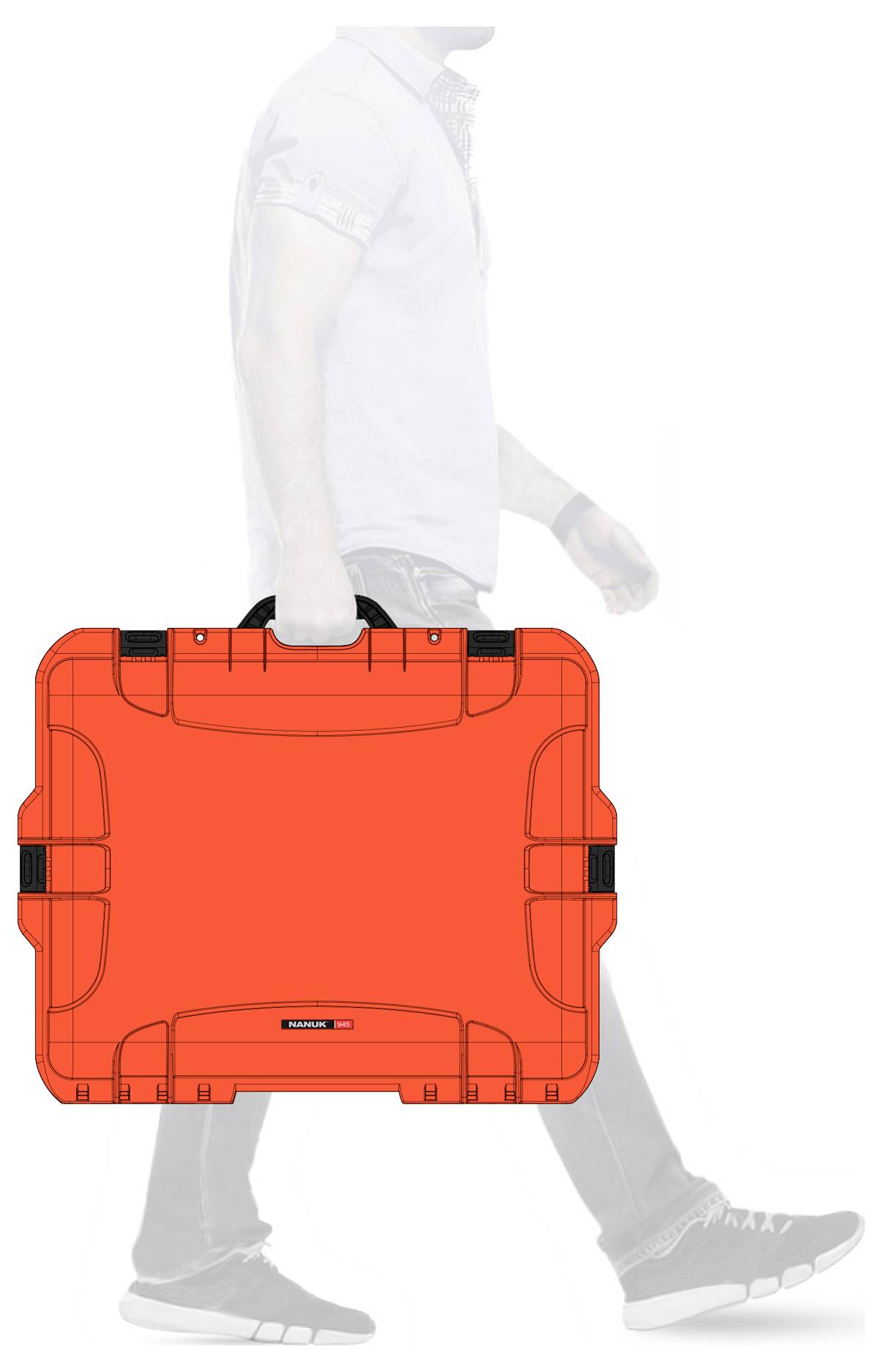 A person is carrying a striking, red suitcase. The suitcase has sturdy corners and a black handle.