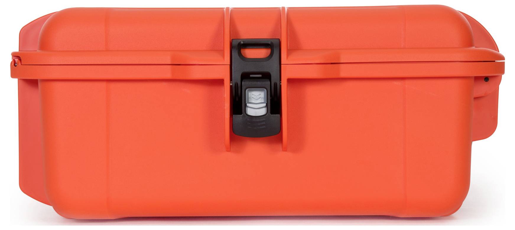 A bright orange plastic suitcase with a black clasp, visible against a white background. Suitable for storage or transportation.