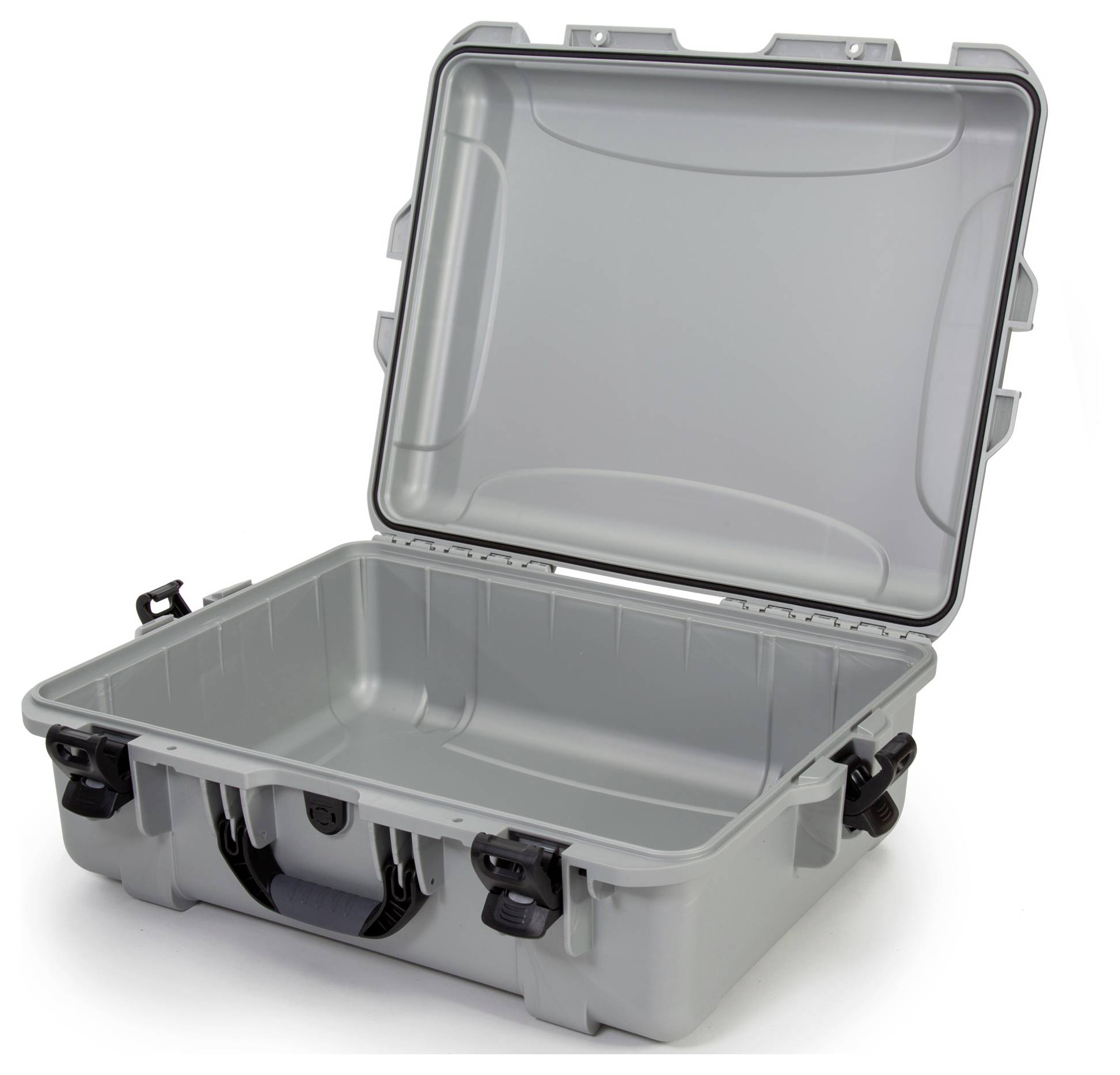 Grey, open plastic case with robust design. Features secure snap locks. Suitable for storage and transportation.