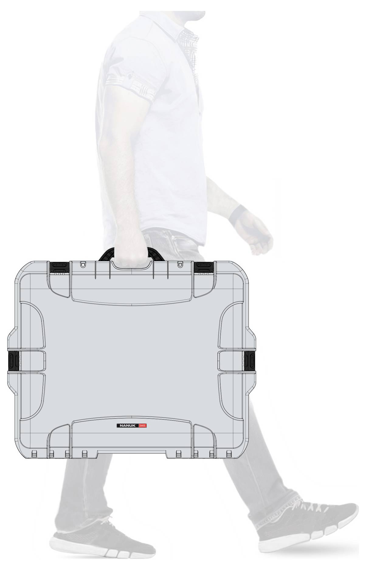 A person is carrying a grey suitcase. The suitcase has black handles. The background is neutral, and the focus is on the suitcase.