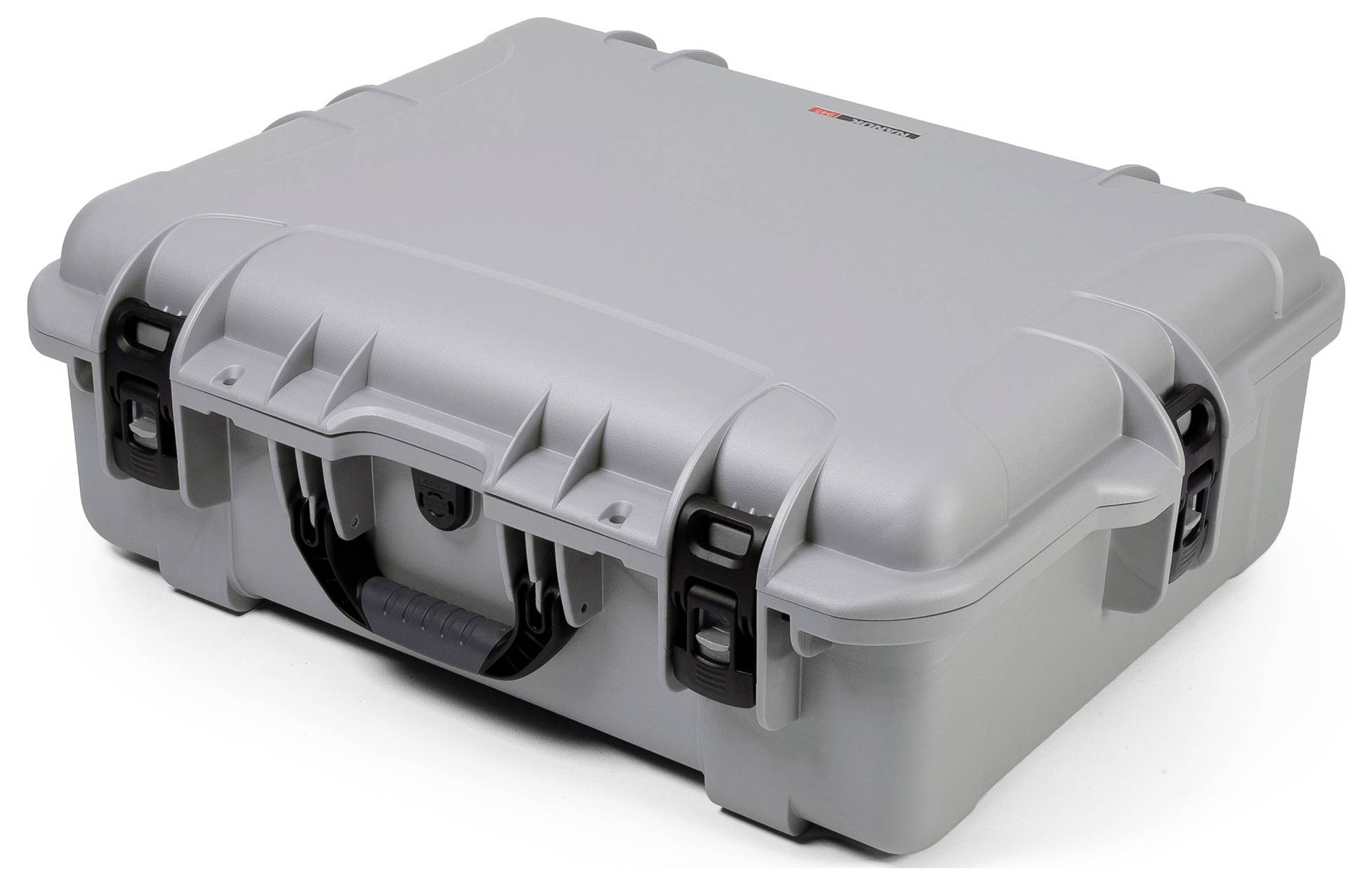 Grey hard-shell suitcase with four locks and a black handle at the front.