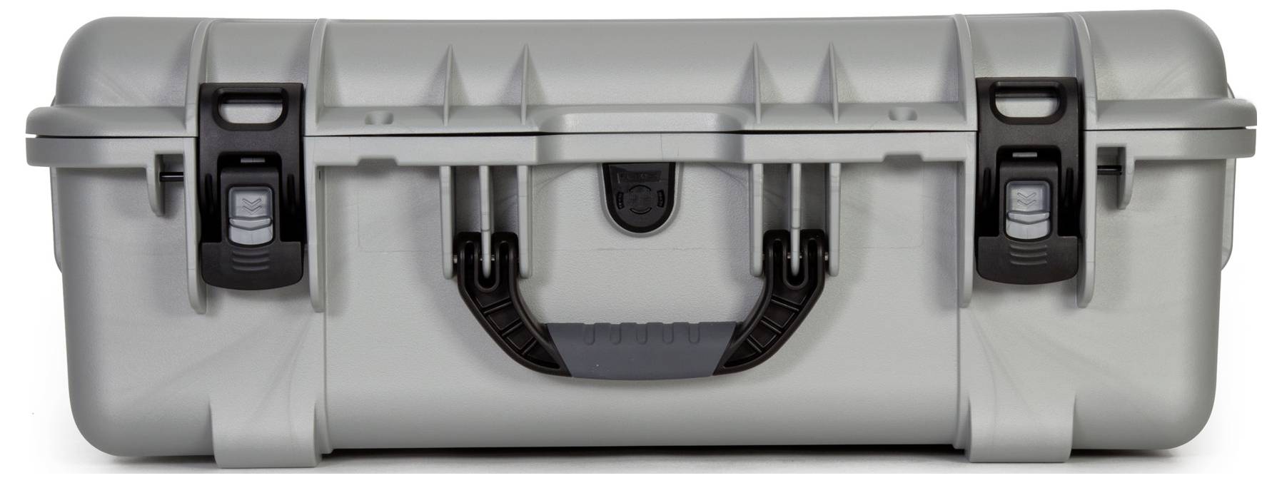 Grey hard-shell suitcase with black buckles and handle, locked, provides protection for delicate equipment.