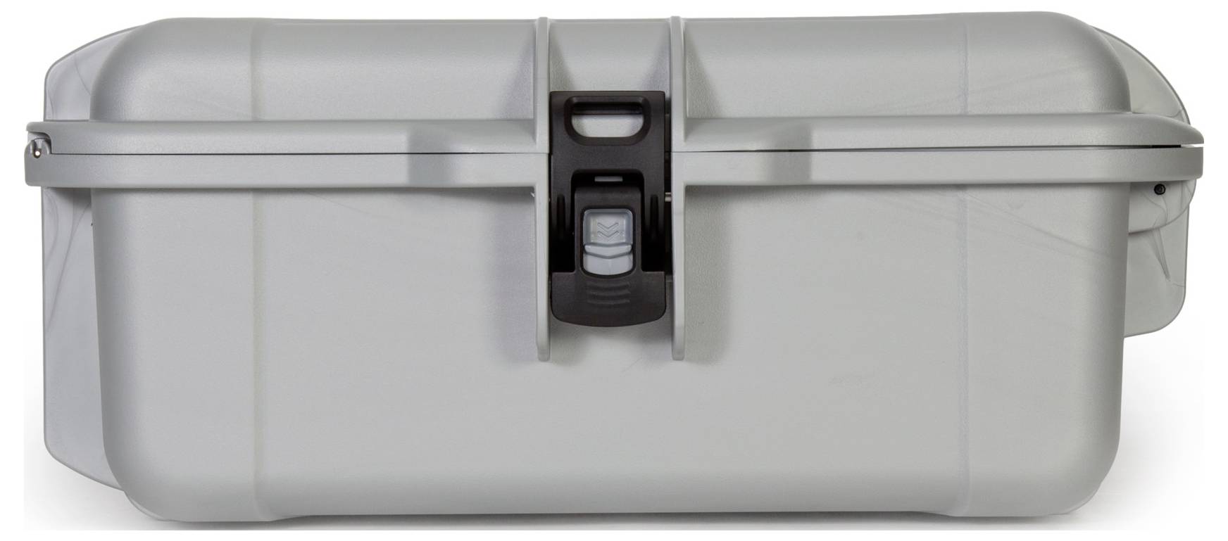 A grey, robust transport case with a black fastener, suitable for the secure transportation of delicate items.