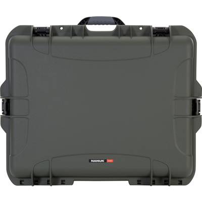 A robust-looking, dark grey protective case with a black handle and fastenings. Brand logo in the centre at the bottom.