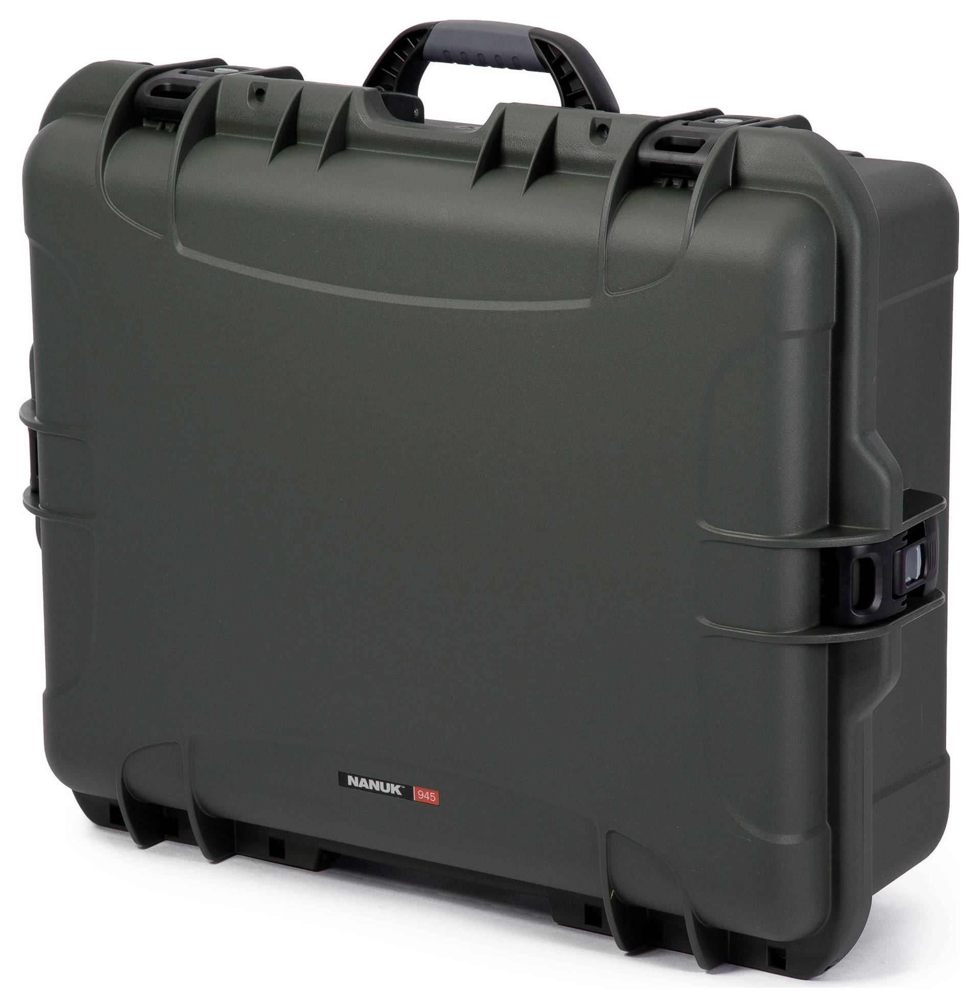 Green, robust hard-shell suitcase with black handle and locks. Suitable for the secure transport of delicate items.