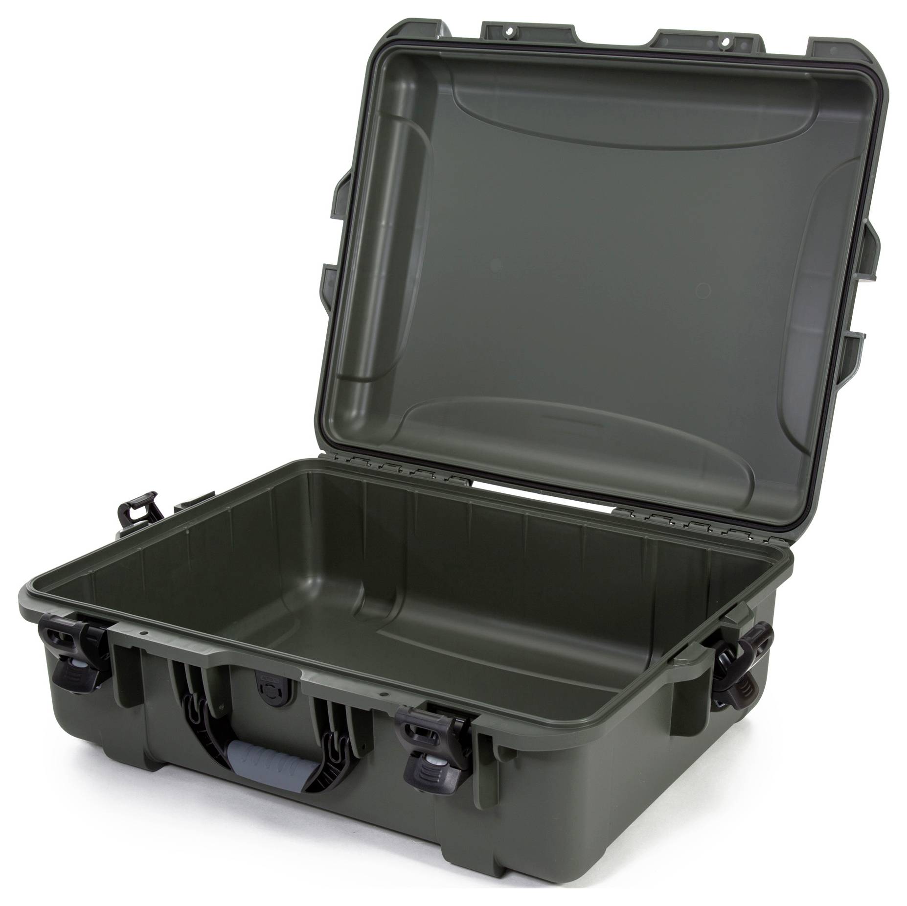 An opened, empty, sturdy black plastic case with hinges and latches, suitable for the secure transportation of items.