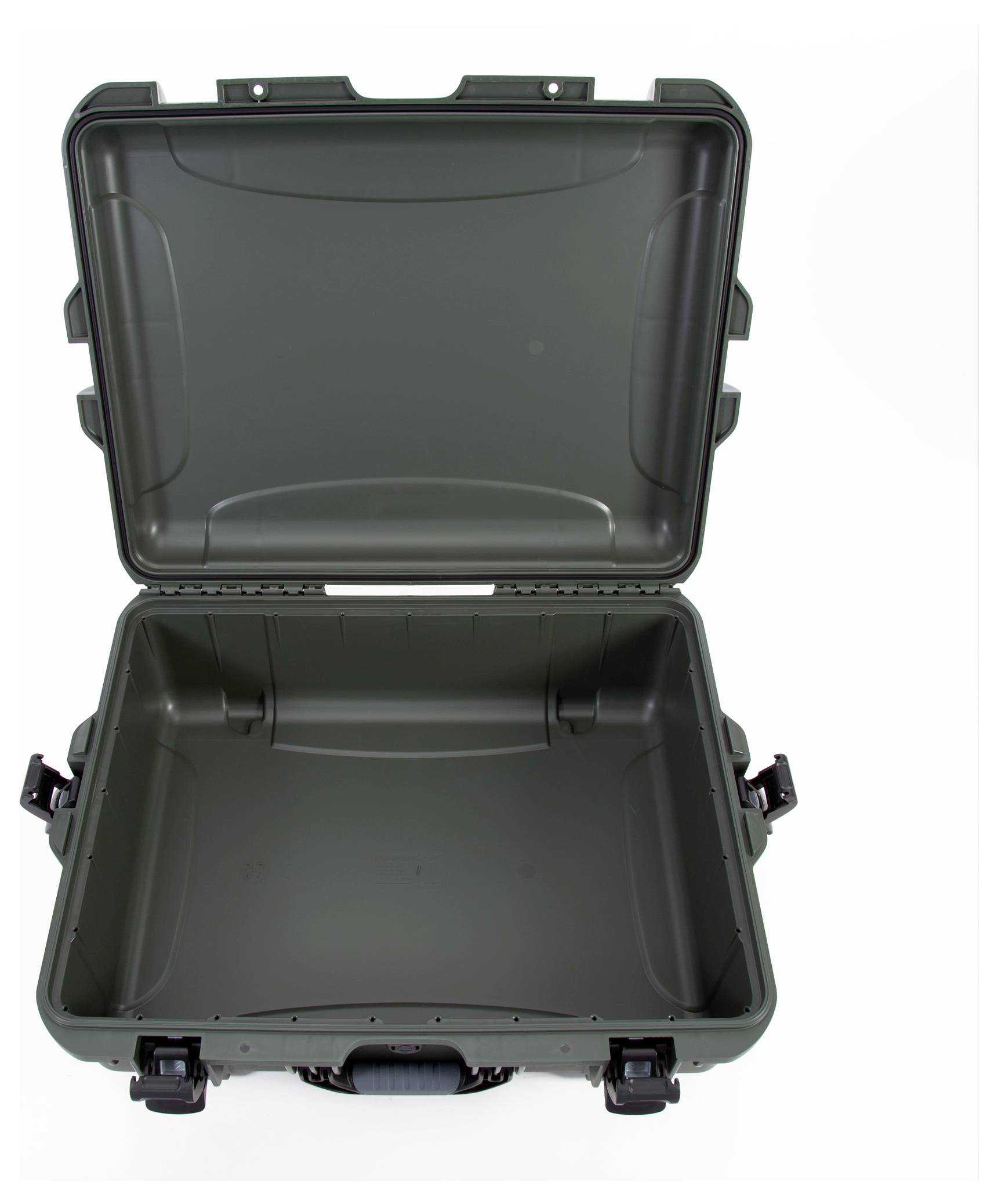 An opened, empty, dark grey hard-shell suitcase with robust locks; suitable for secure transportation.