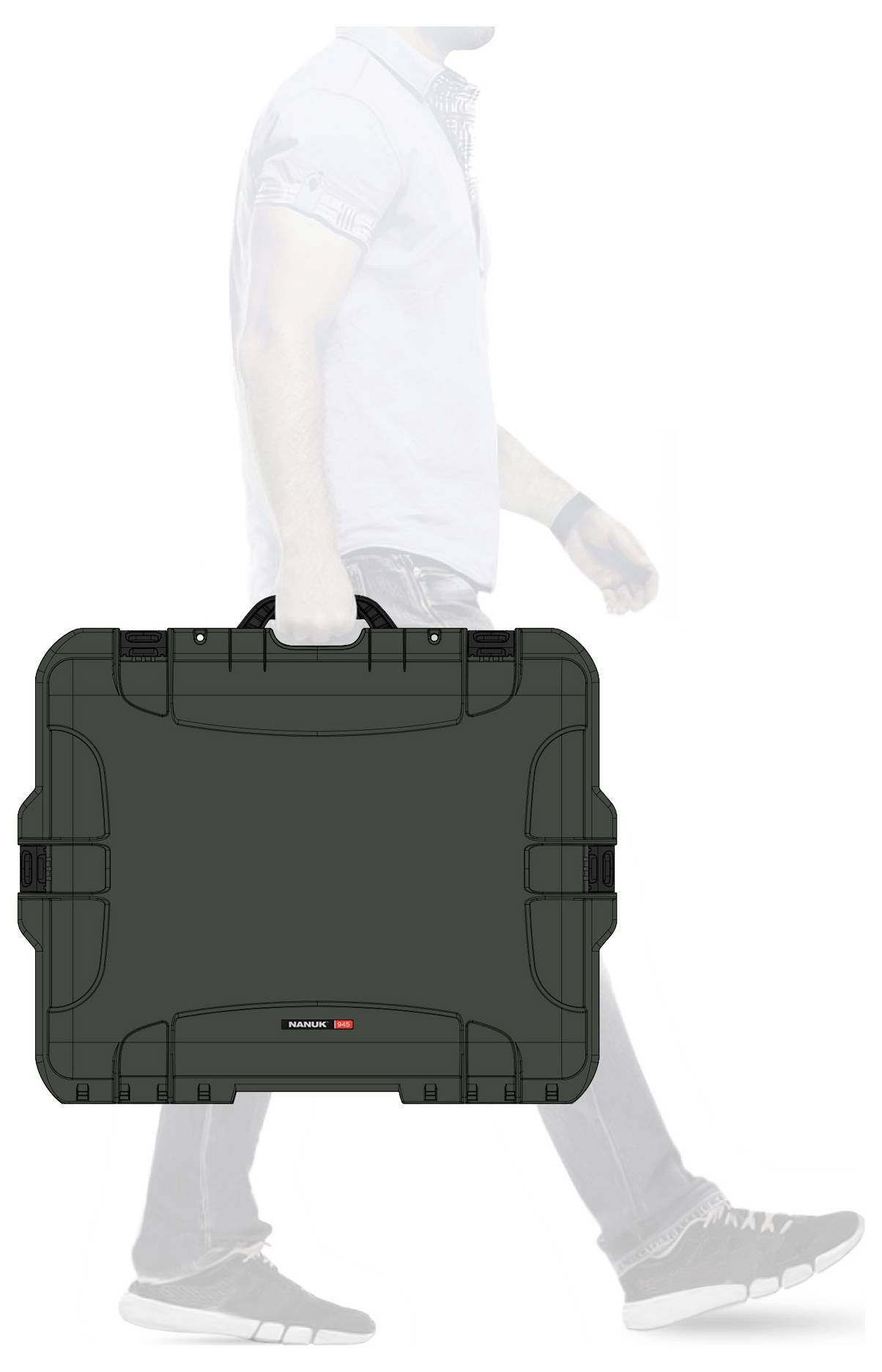 A man is carrying a large black suitcase in his hand. The suitcase has a robust handle and is structured in a hexagonal shape.