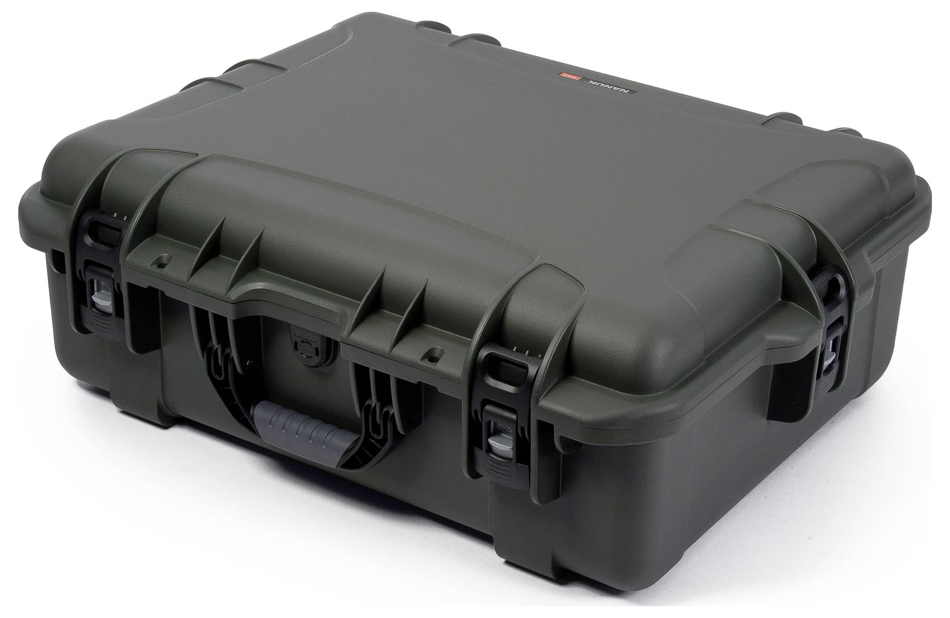 Dark green, robust suitcase with handles and sturdy locks, suitable for the secure transportation of delicate items.