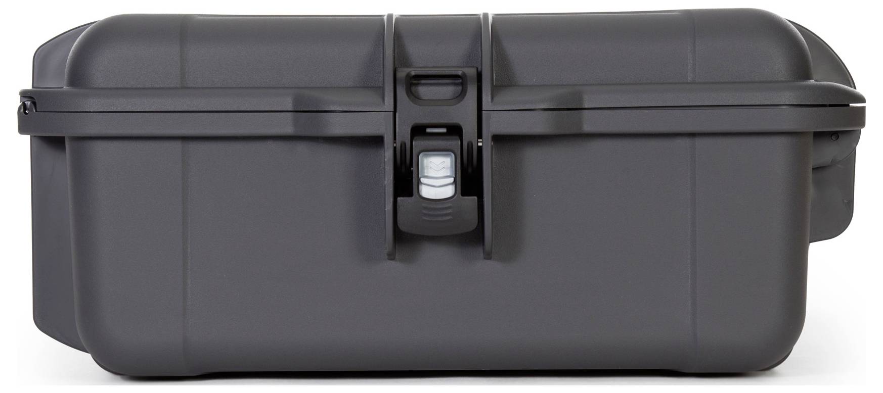 Black, rectangular, closed hard-shell case with central clasp, front view.