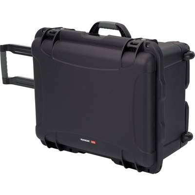 Black, robust-looking rolling suitcase with extendable handle, suitable for the secure transportation of delicate equipment.