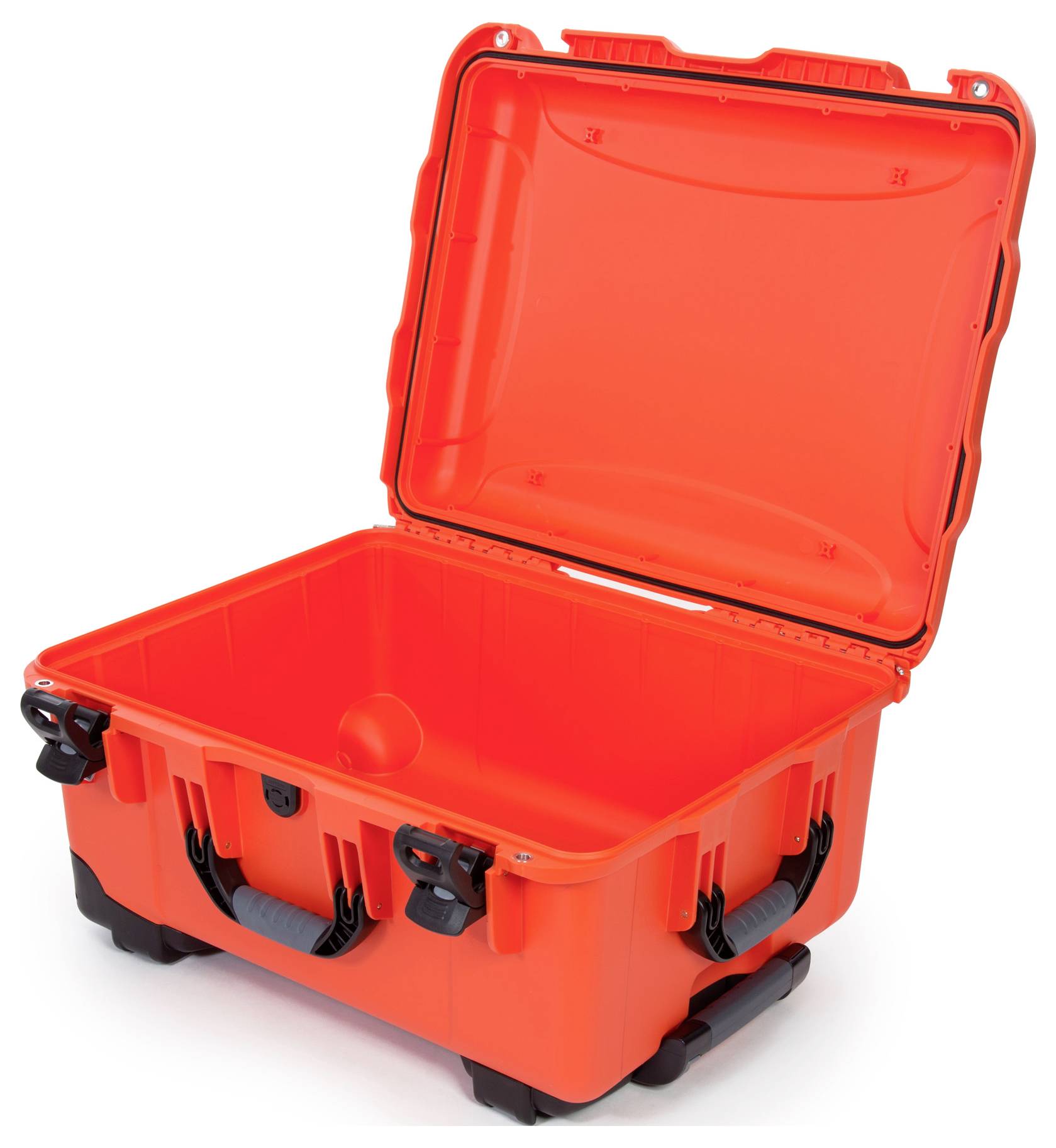 A bright red, sturdy suitcase with an open lid and robust handles, suitable for the safe transportation of delicate items.