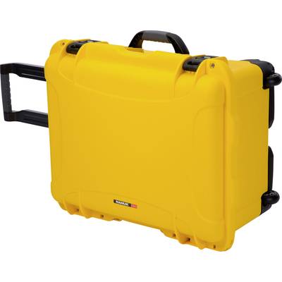 Yellow hard-shell case with extendable handle and wheels. The case is sturdy and suitable for the secure transport of items.