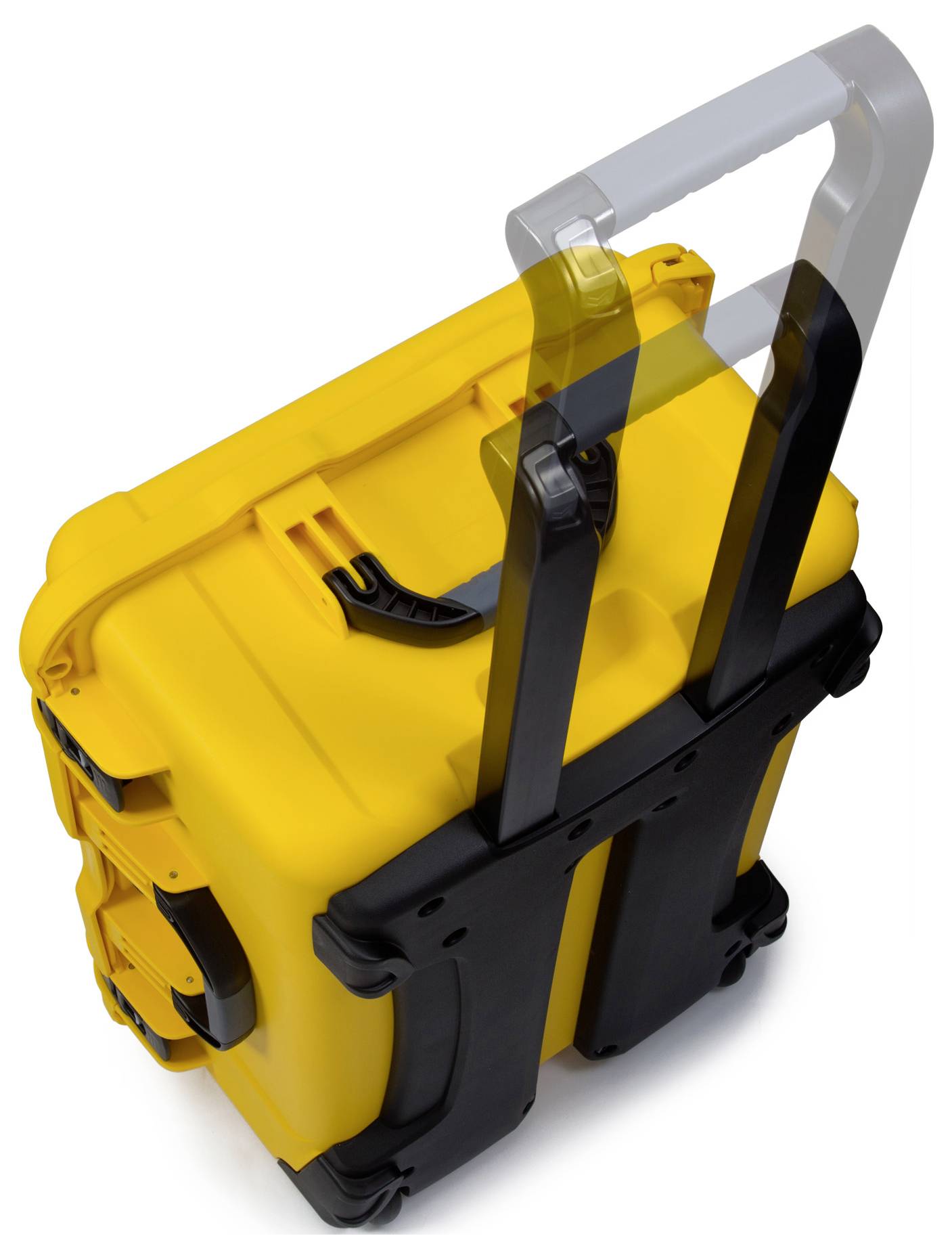 Yellow hard-shell storage case with telescopic handle and black reinforcements, suitable for secure transportation.