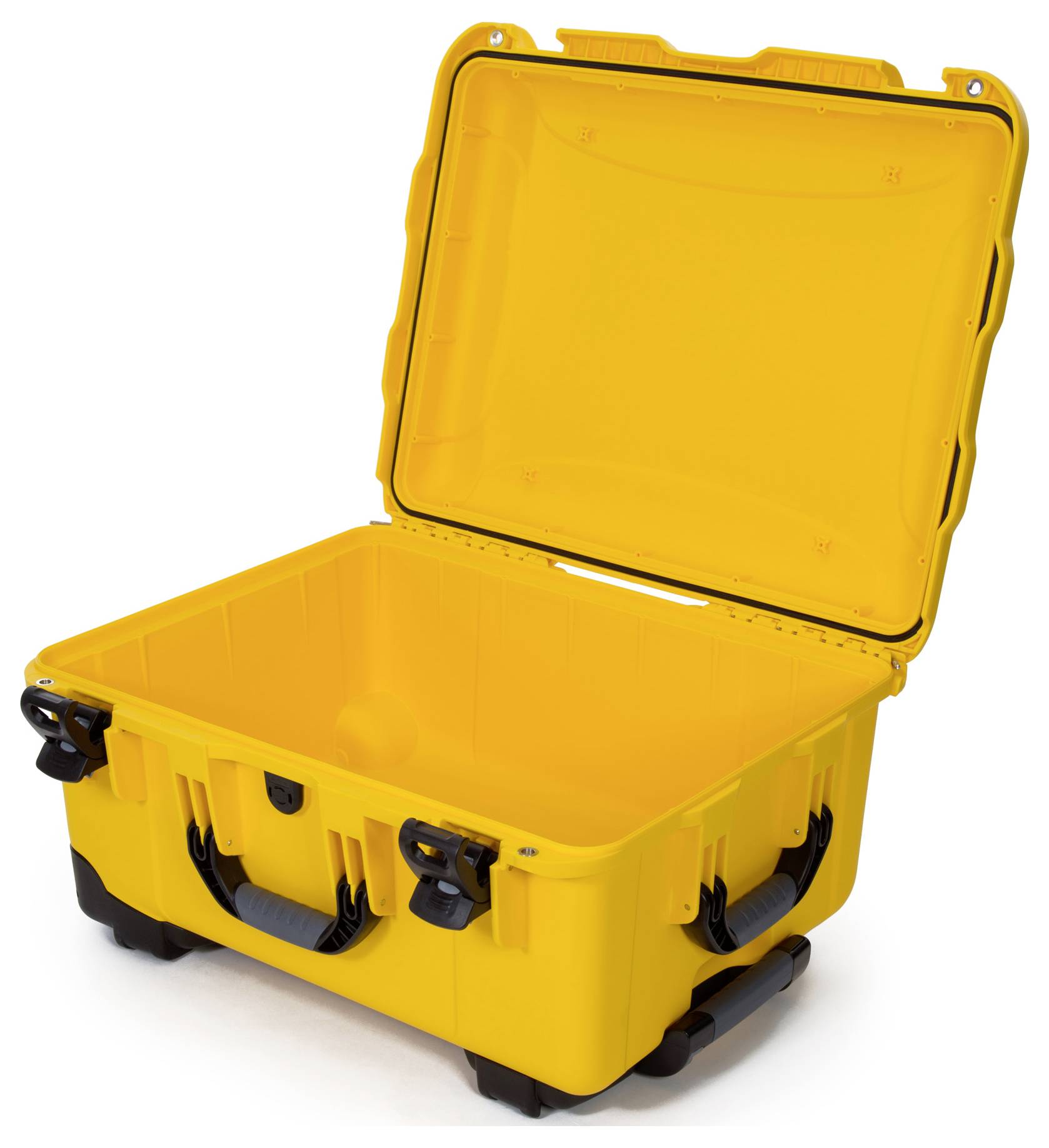 Yellow, open transport case made of sturdy plastic with a carrying handle and black clasps, set against a white background.