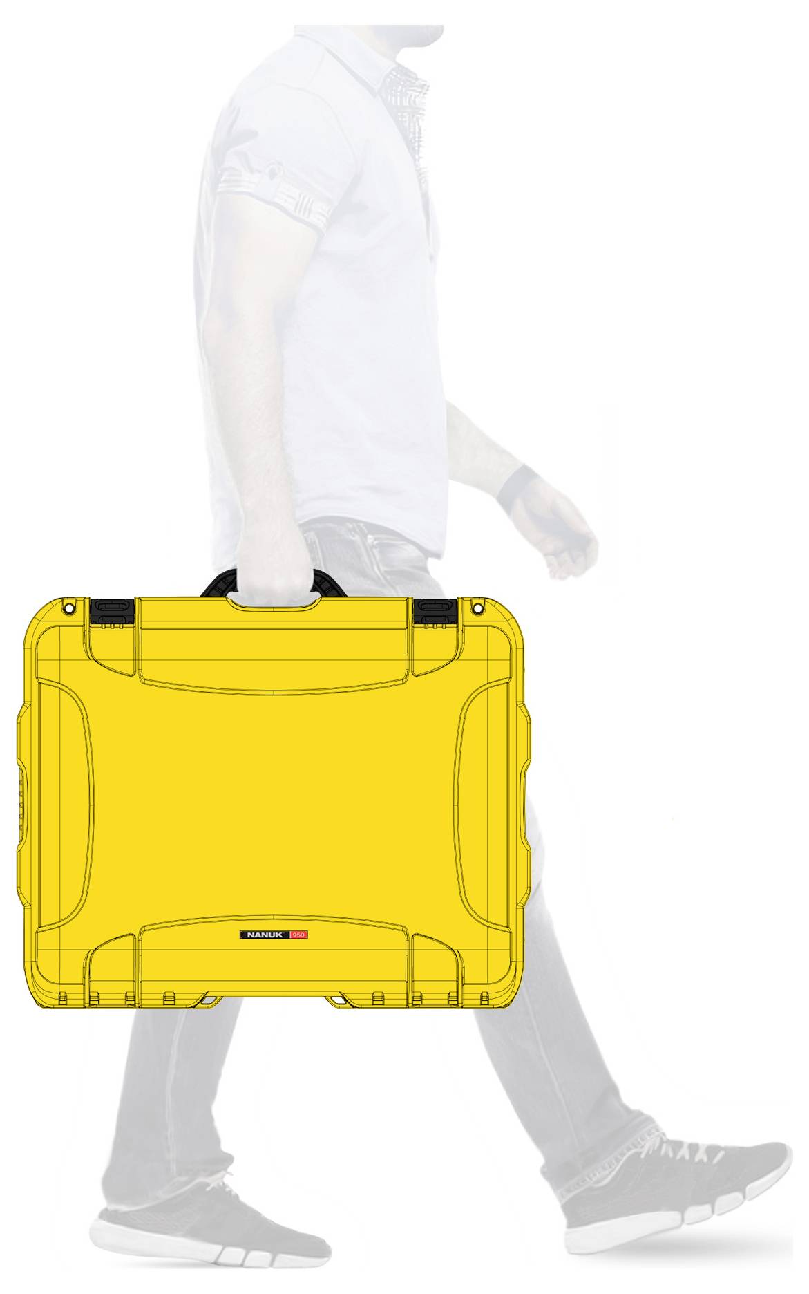 A man in casual clothing is walking and carrying a yellow, robust suitcase in his right hand. The suitcase is centrally positioned in the image.