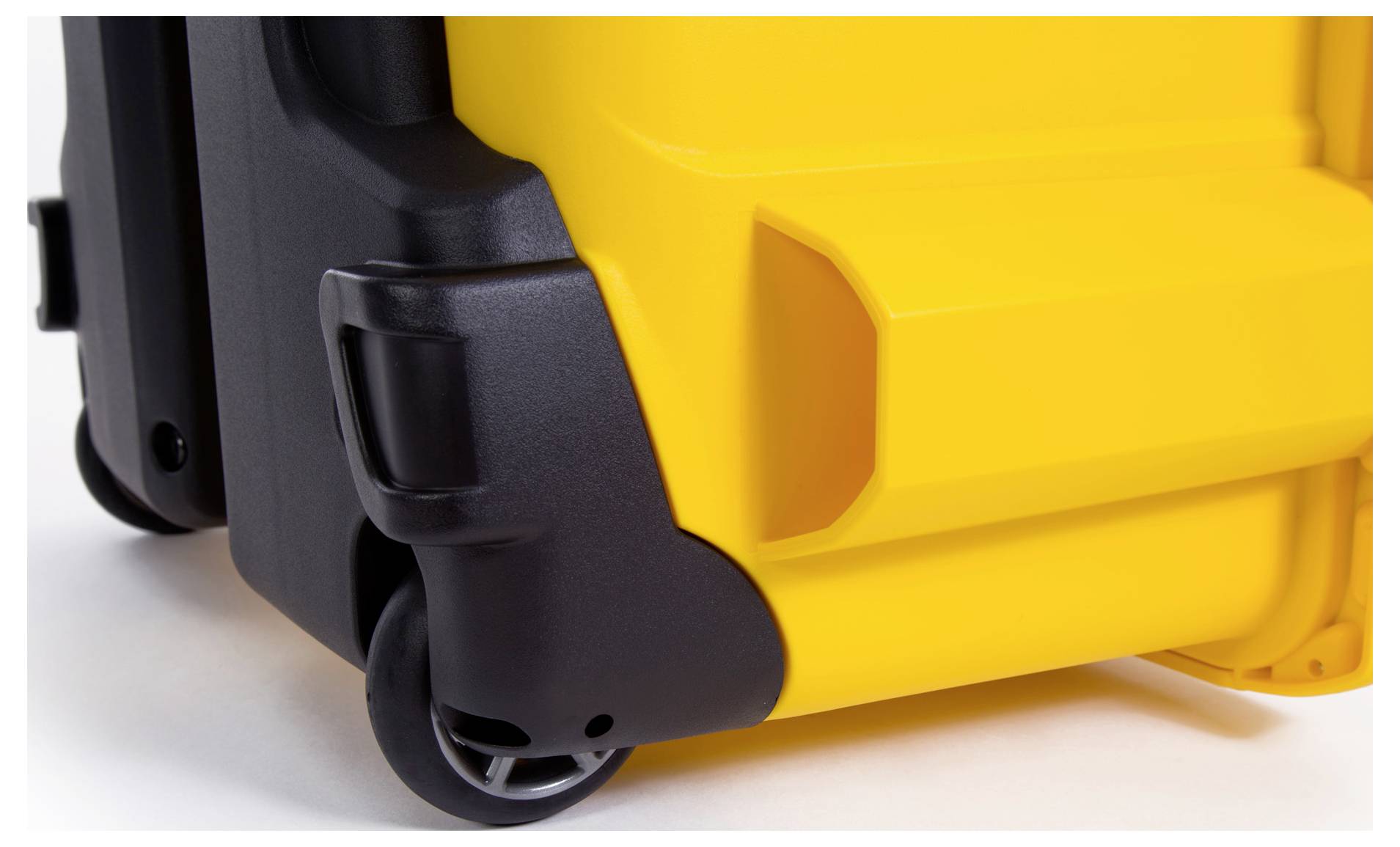 A sturdy yellow plastic case with black wheels for easy transportation. Ideal for secure transport and storage.