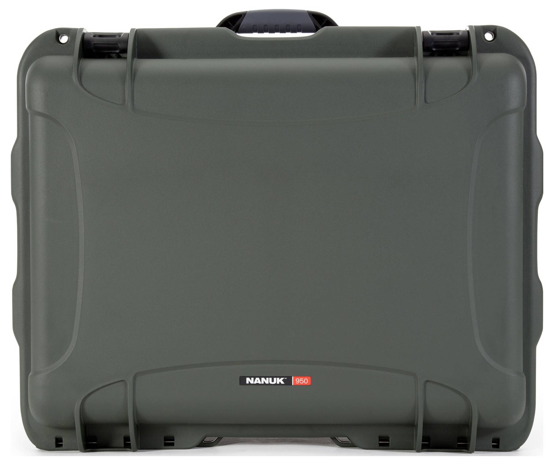 A robust, olive green suitcase with a black handle and red accents. Ideal for securely transporting delicate equipment.