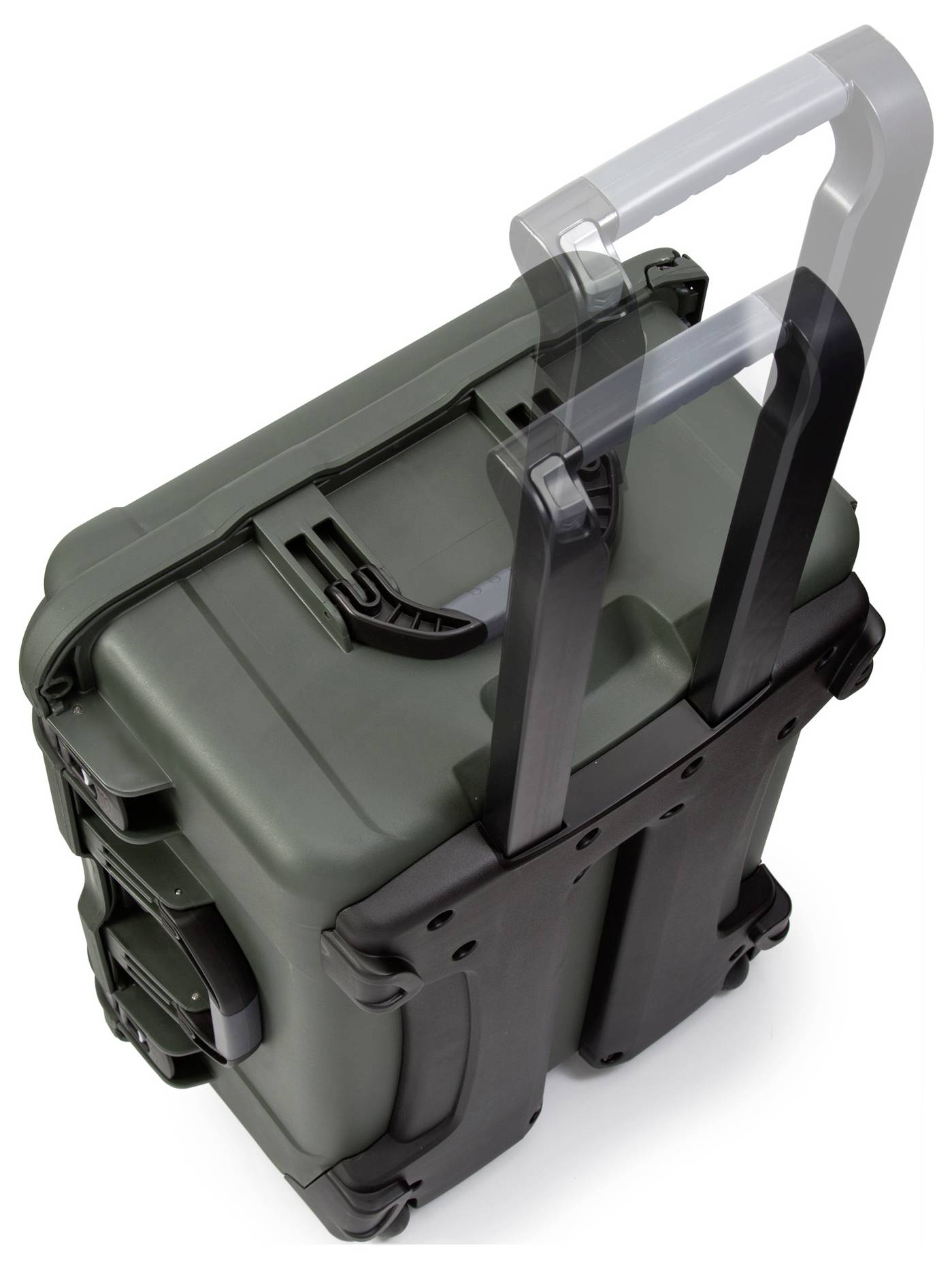 A robust black wheeled suitcase with an extendable handle, designed for the secure transportation of equipment, placed on a light surface.