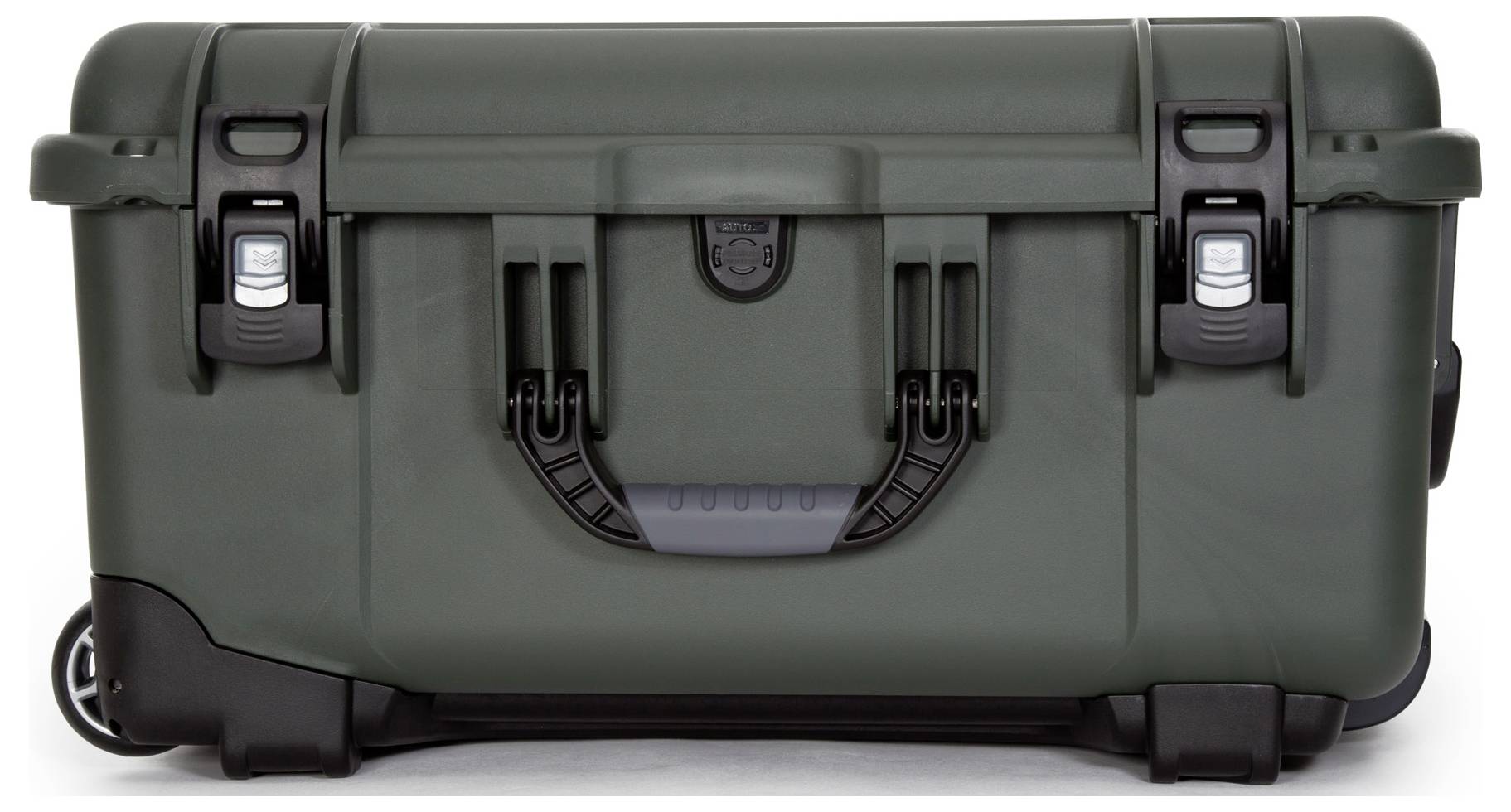 A robust, dark green suitcase with wheels and a sturdy handle, suitable for the secure transportation of delicate equipment.