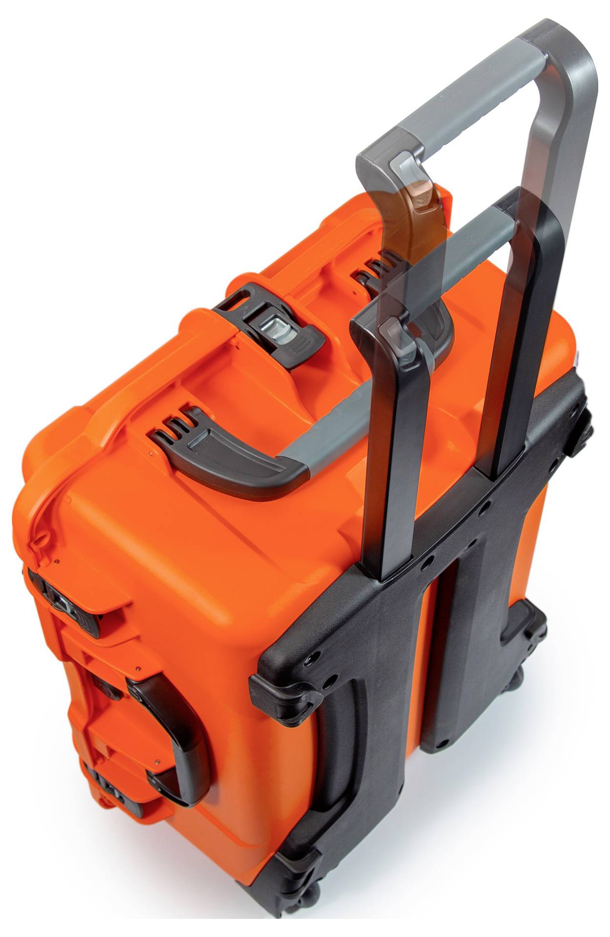 A robust, orange hard-shell suitcase with an extendable handle and wheels. Ideal for the secure transportation of delicate equipment.