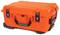 Bright orange, sturdy suitcase with a black handle and clasps, mounted on wheels. Suitable for securely transporting delicate items.