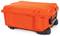 An orange, robust wheeled suitcase with black handles and wheels, suitable for the secure transportation of delicate items.
