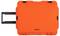 A bright orange hard-shell suitcase with two black handles, one for pulling and one for carrying.