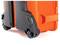 Close-up of an orange suitcase with black wheels on a white background.